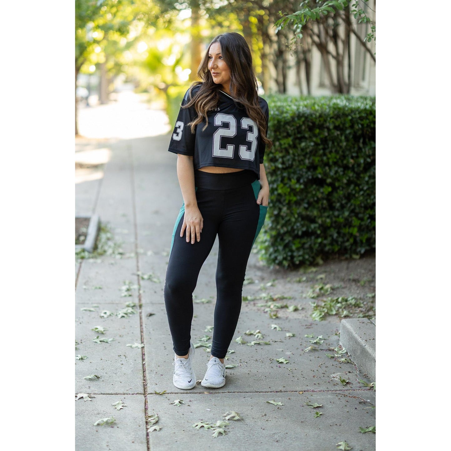 Julia Rose Gracie Green Panel Full Length Leggings women’s boutique leggings front view, Woman wearing Julia Rose Gracie leggings with green panel detail