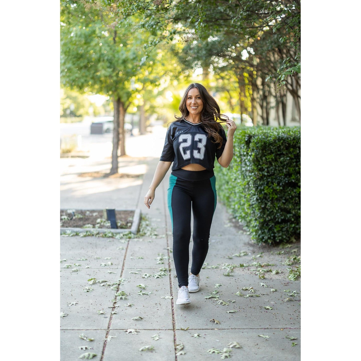 Julia Rose Gracie Green Panel Full Length Leggings women’s boutique leggings front view, Woman wearing Julia Rose Gracie leggings with green panel detail