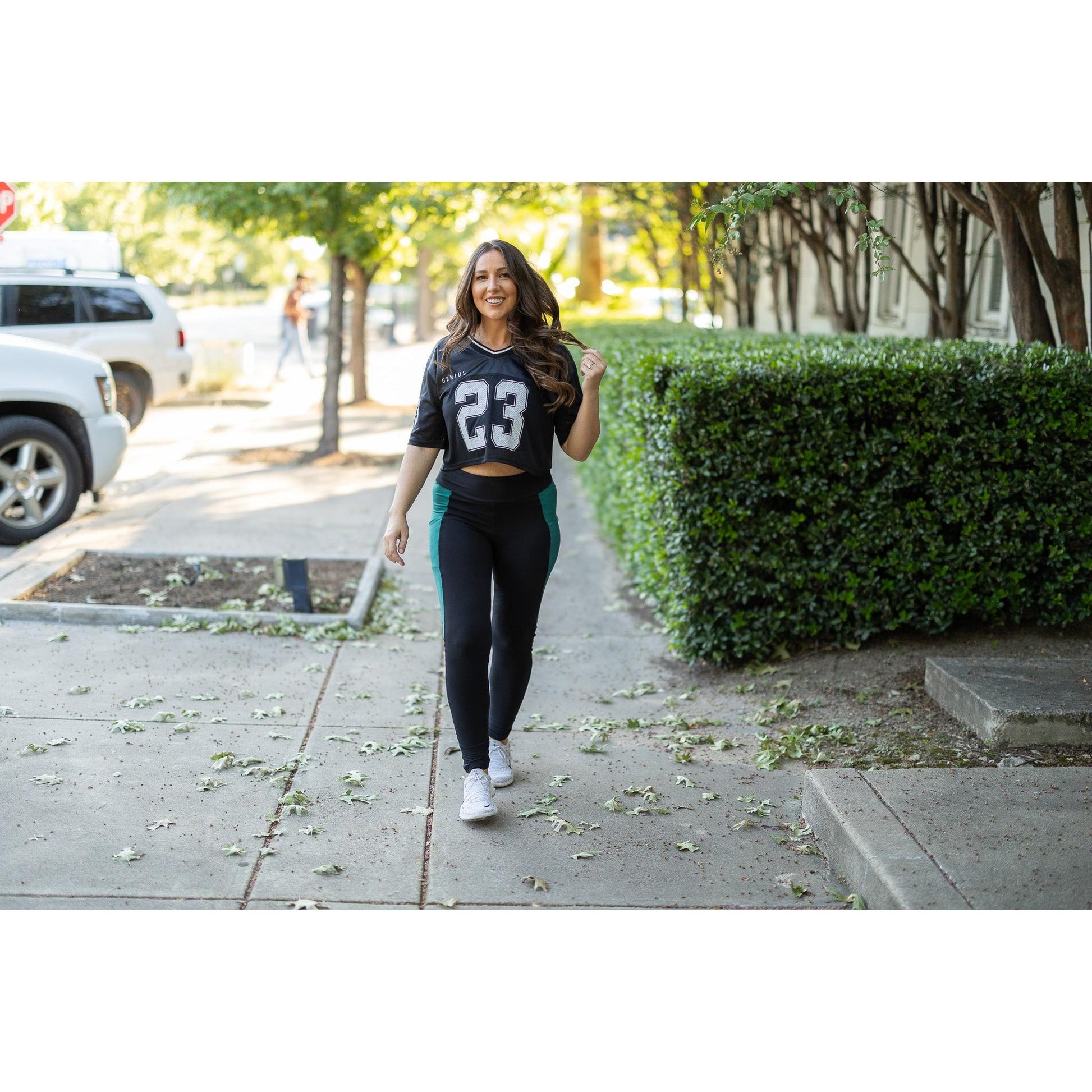 Julia Rose Gracie Green Panel Full Length Leggings women’s boutique leggings front view, Woman wearing Julia Rose Gracie leggings with green panel detail