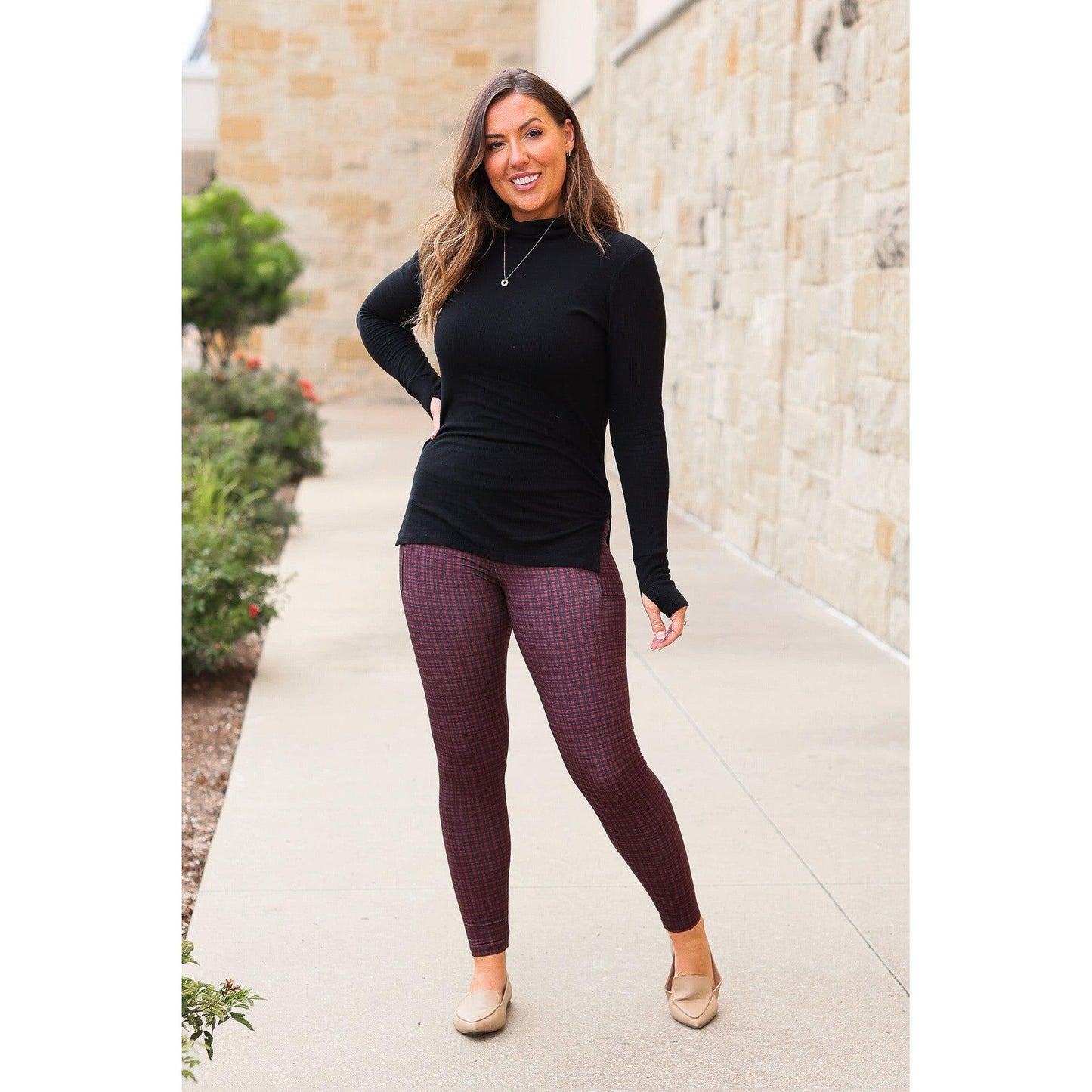 High-waisted plaid leggings by Julia Rose, Julia Rose women’s plaid leggings lifestyle image