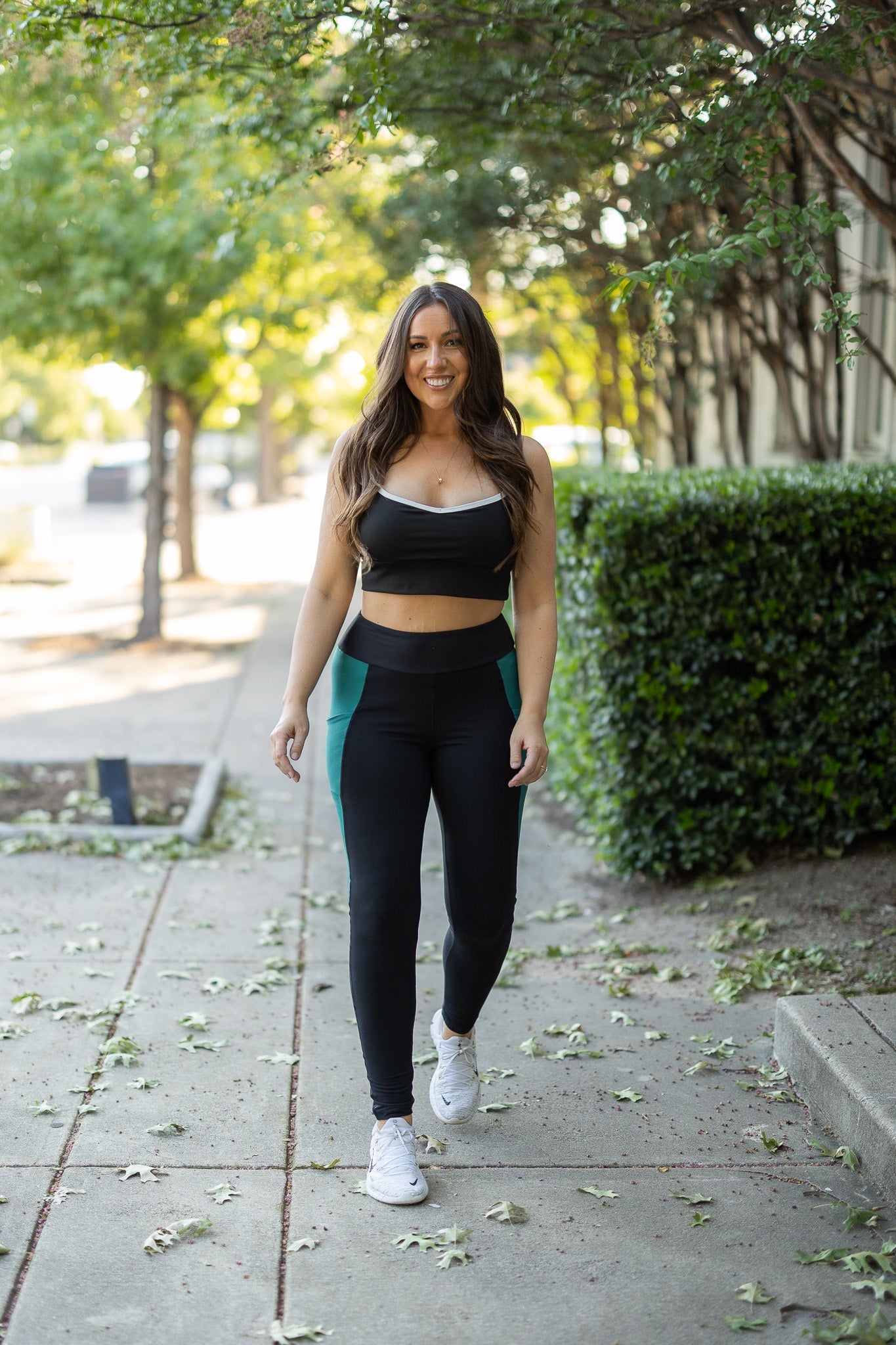 Julia Rose Gracie Green Panel Full Length Leggings women’s boutique leggings front view, Woman wearing Julia Rose Gracie leggings with green panel detail