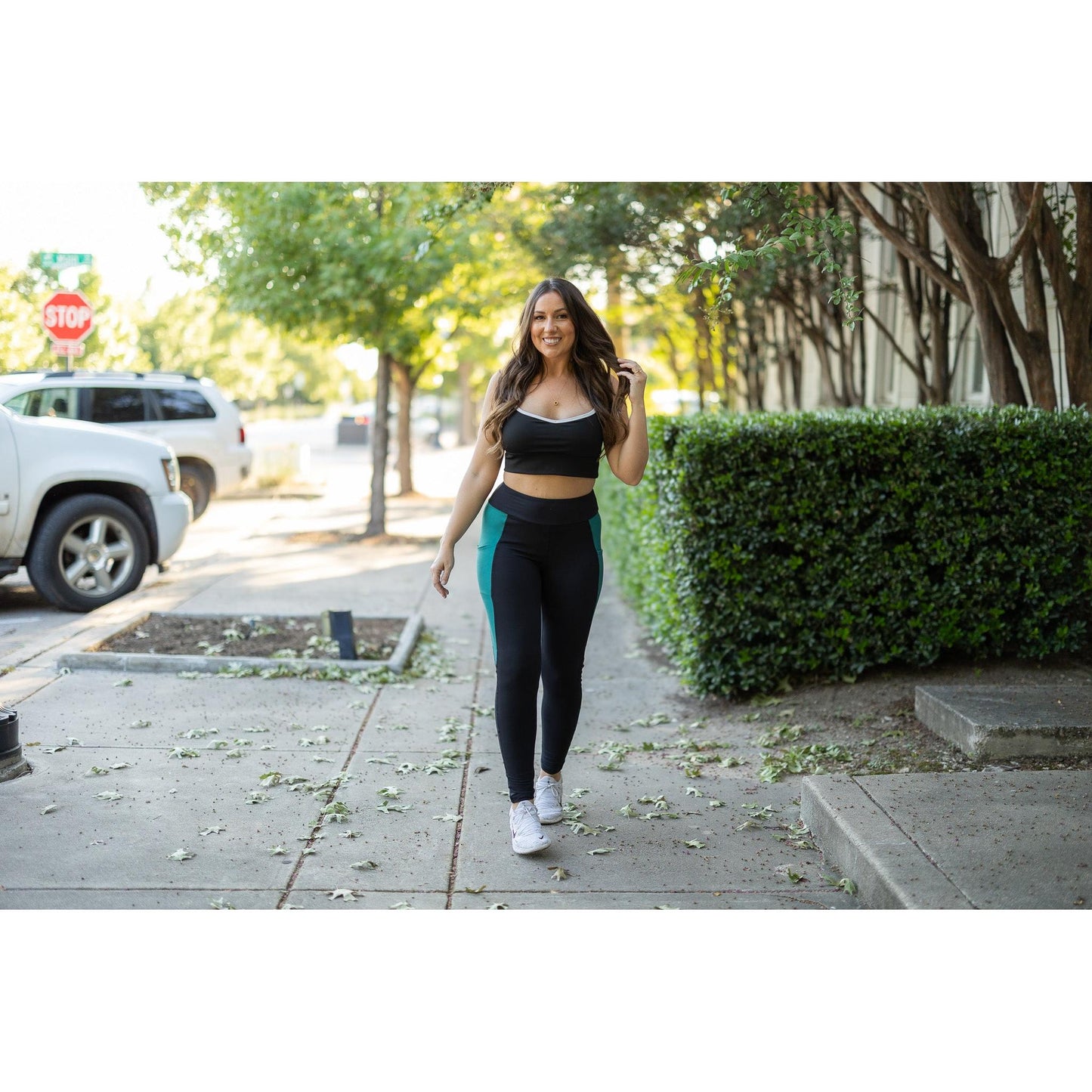 Julia Rose Gracie Green Panel Full Length Leggings women’s boutique leggings front view, Woman wearing Julia Rose Gracie leggings with green panel detail