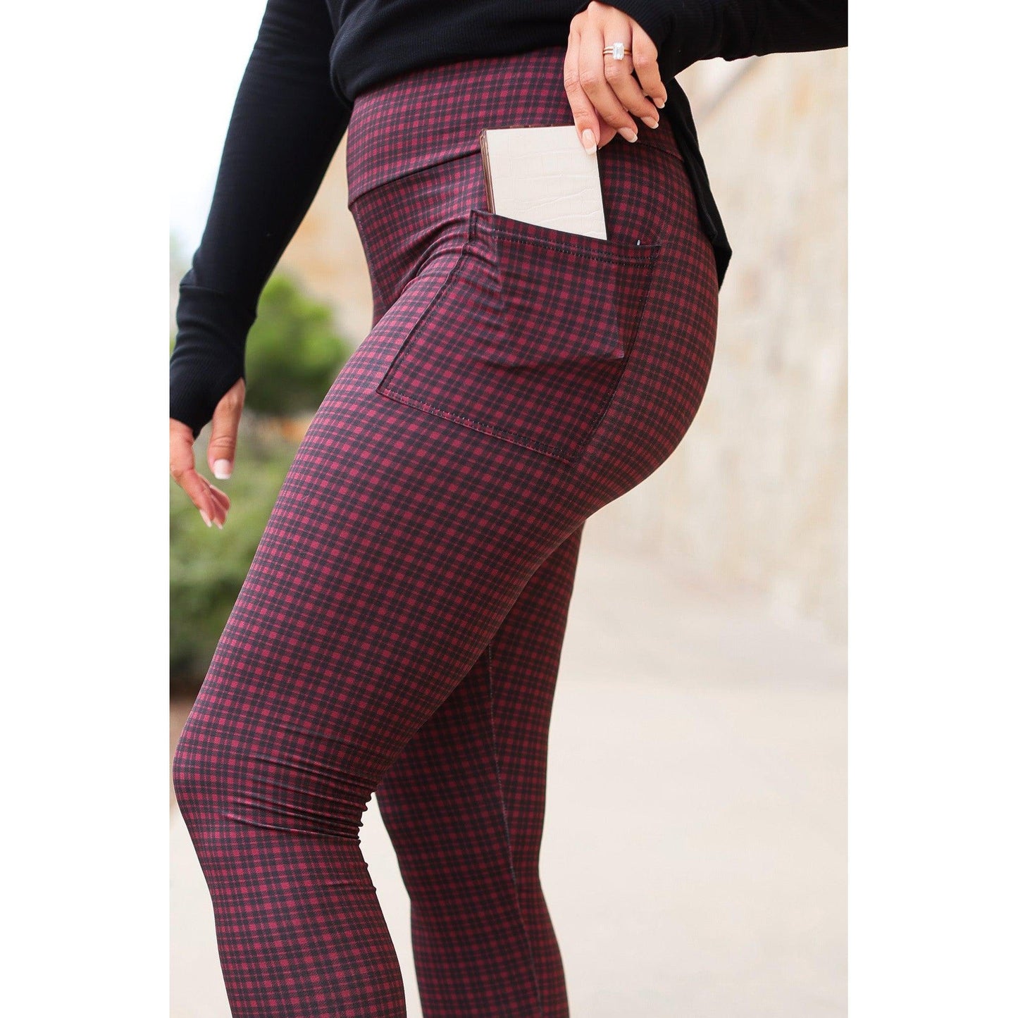 High-waisted plaid leggings by Julia Rose, Julia Rose women’s plaid leggings lifestyle image