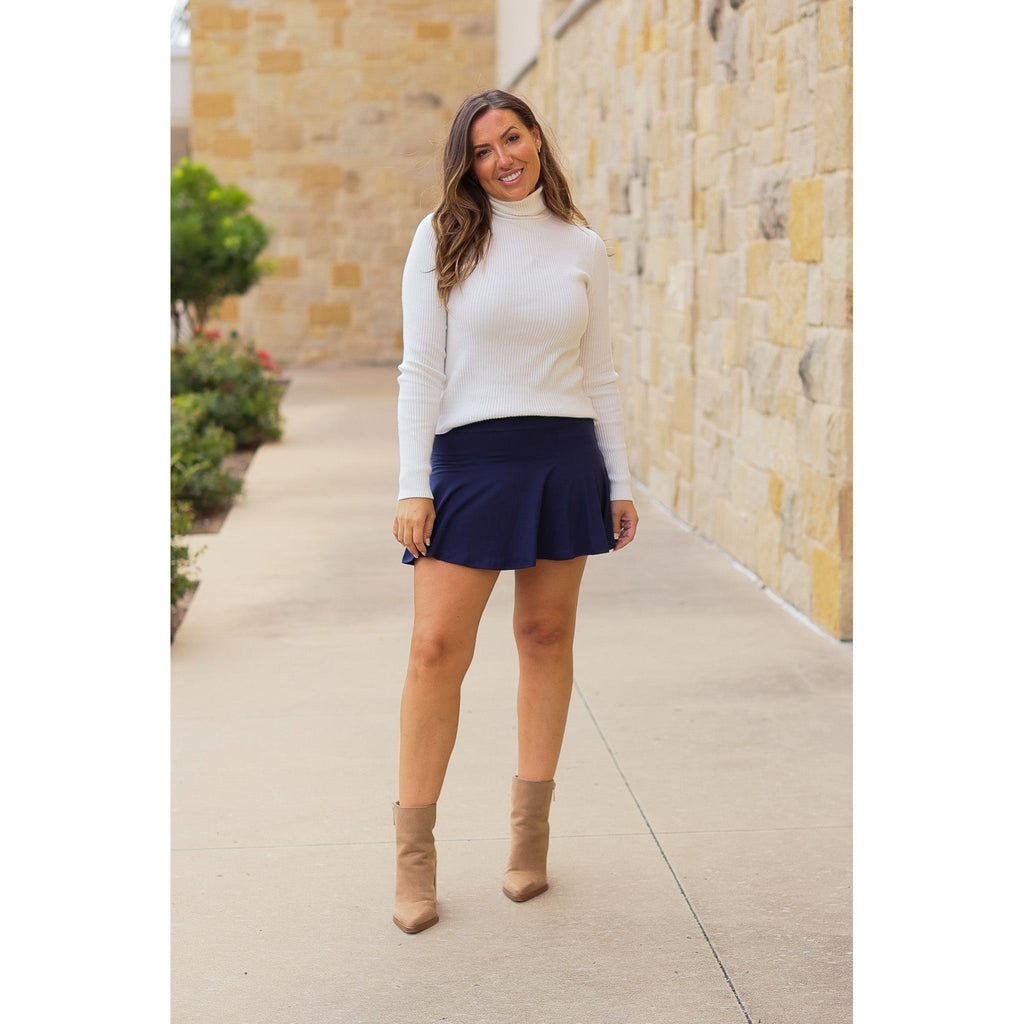 Julia Rose Josie Navy Skort with built-in shorts, high-waisted fit, Women’s navy skort by Julia Rose, soft high-quality fabric