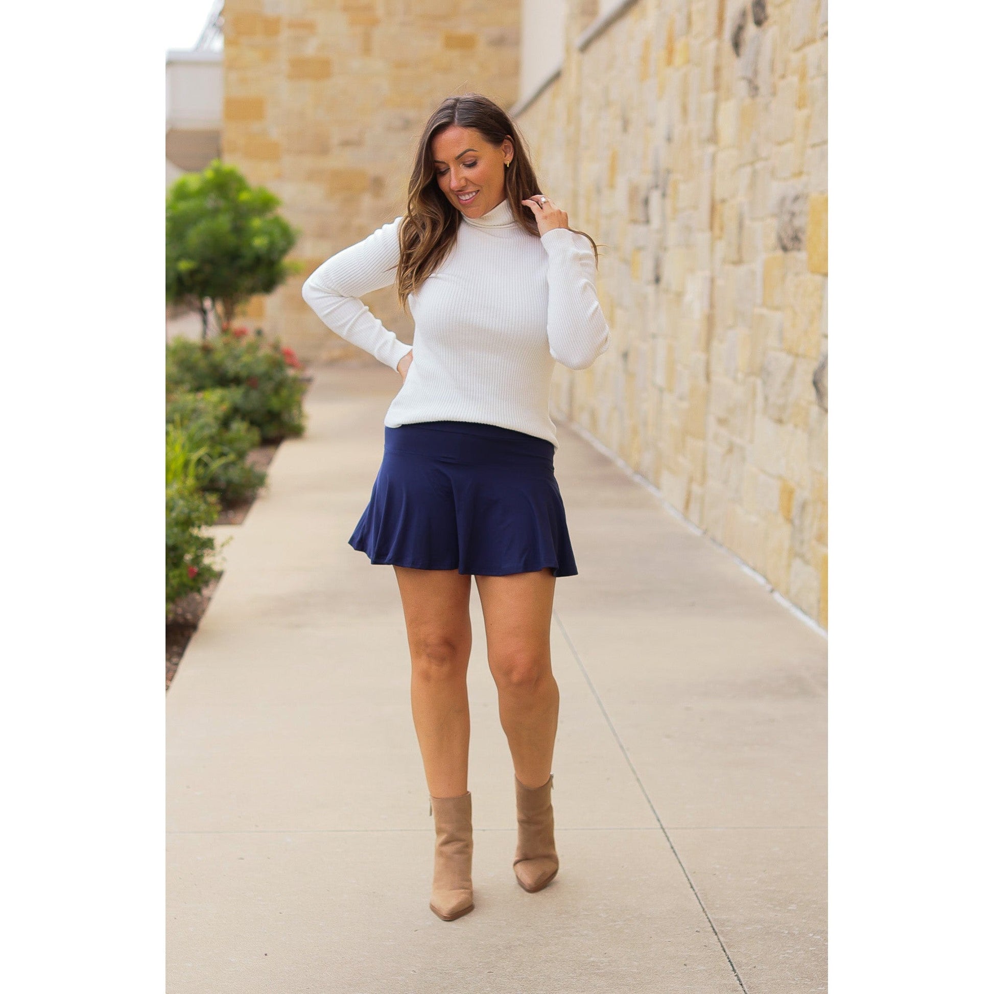 Julia Rose Josie Navy Skort with built-in shorts, high-waisted fit, Women’s navy skort by Julia Rose, soft high-quality fabric