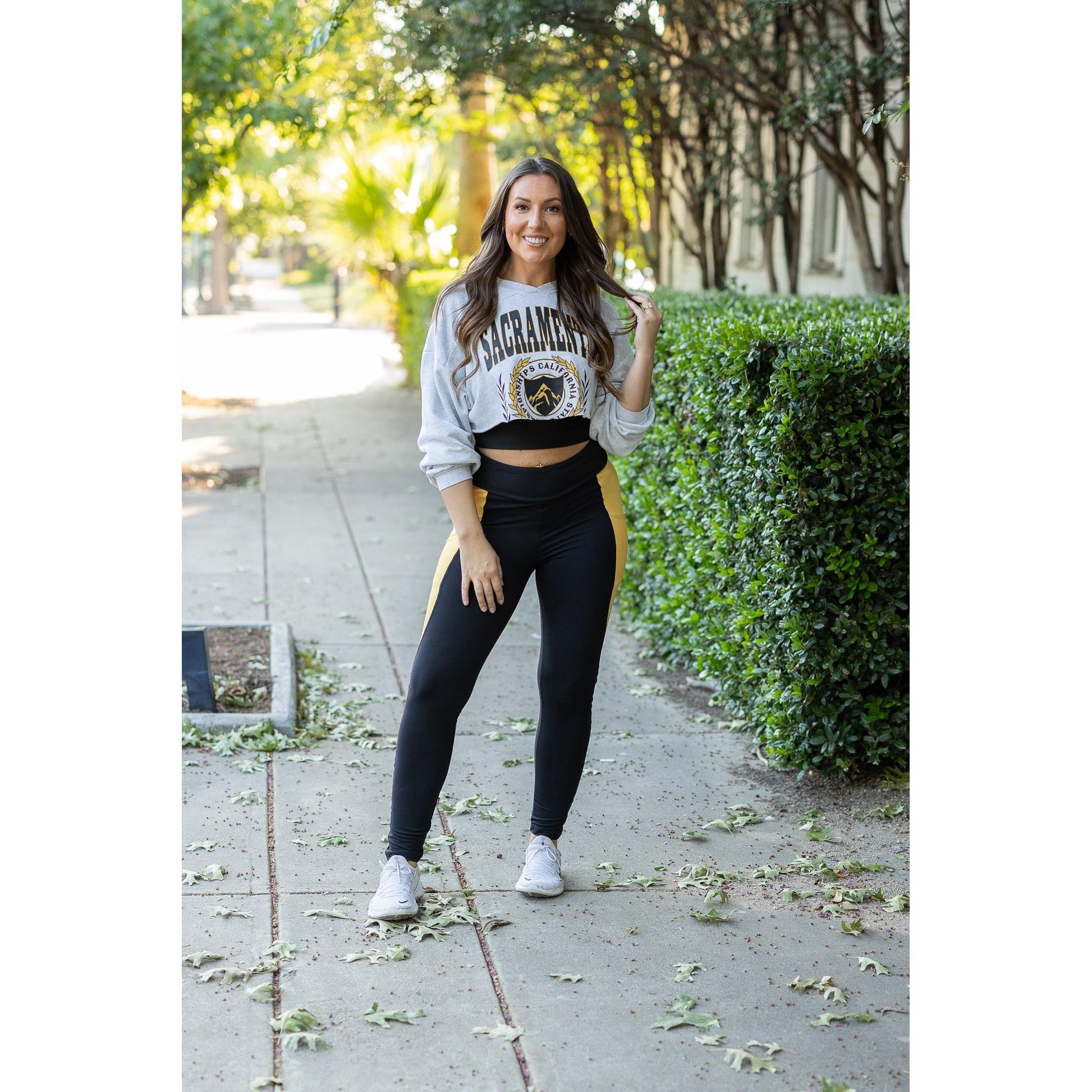 Julia Rose Yasmine Yellow Panel Full Length Leggings women’s boutique leggings front view, Woman wearing Julia Rose Yasmine leggings with yellow panel detail