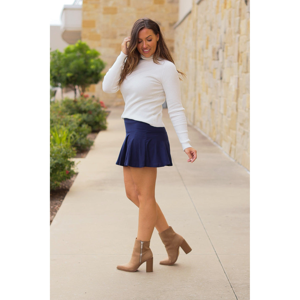 Julia Rose Josie Navy Skort with built-in shorts, high-waisted fit, Women’s navy skort by Julia Rose, soft high-quality fabric