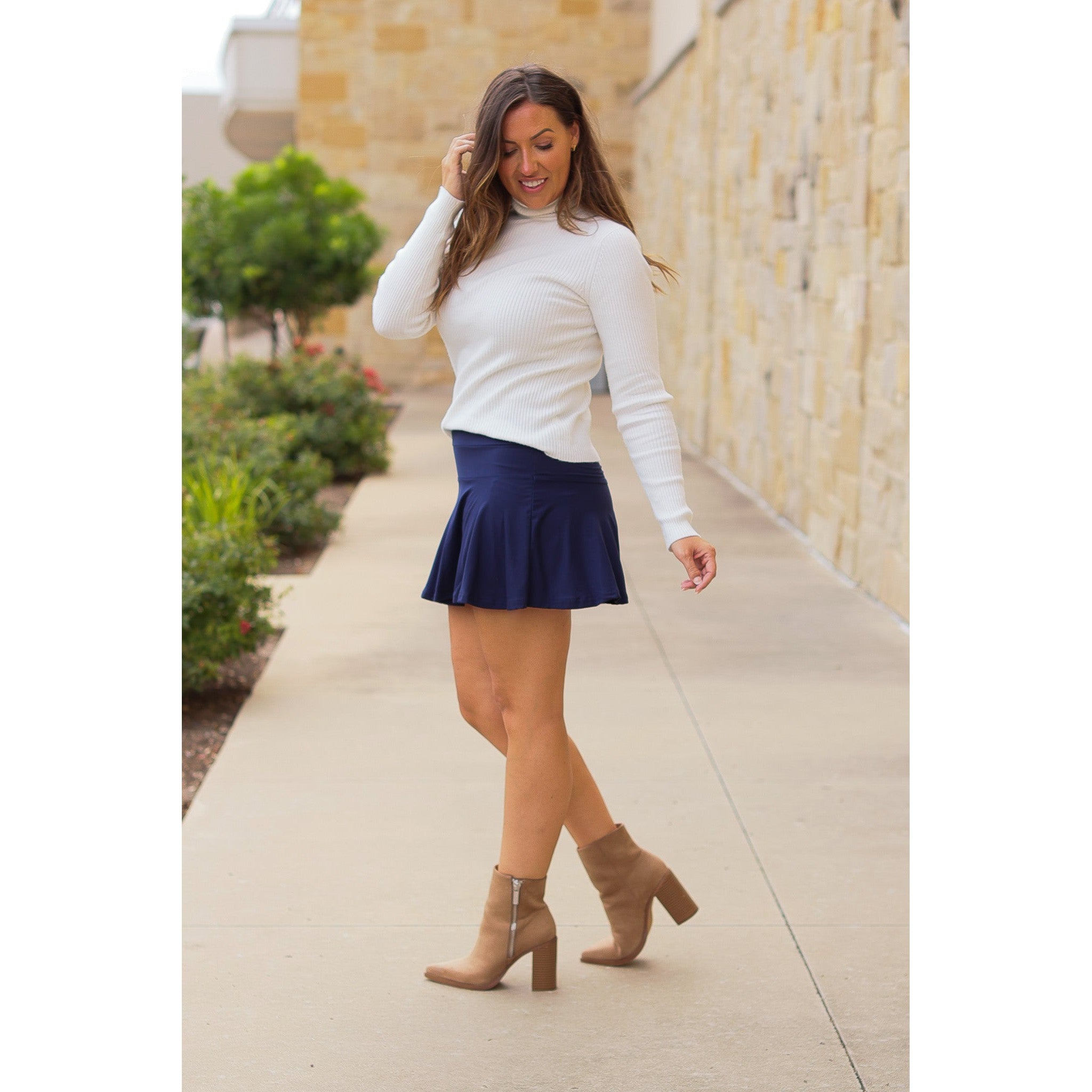 Julia Rose Josie Navy Skort with built-in shorts, high-waisted fit, Women’s navy skort by Julia Rose, soft high-quality fabric
