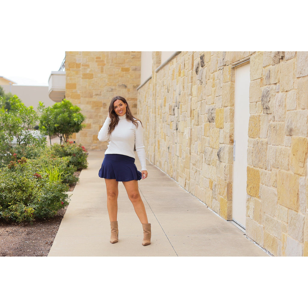 Julia Rose Josie Navy Skort with built-in shorts, high-waisted fit, Women’s navy skort by Julia Rose, soft high-quality fabric