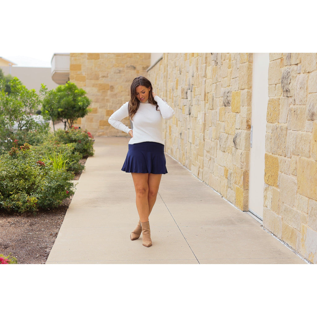 Julia Rose Josie Navy Skort with built-in shorts, high-waisted fit, Women’s navy skort by Julia Rose, soft high-quality fabric