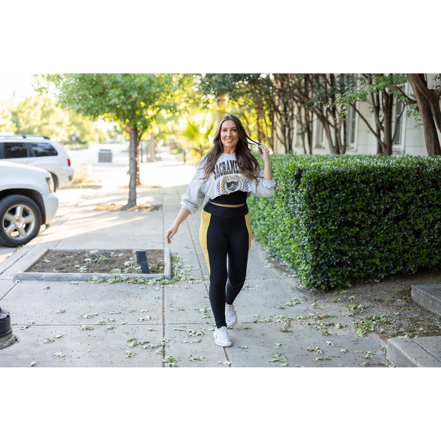 Julia Rose Yasmine Yellow Panel Full Length Leggings women’s boutique leggings front view, Woman wearing Julia Rose Yasmine leggings with yellow panel detail