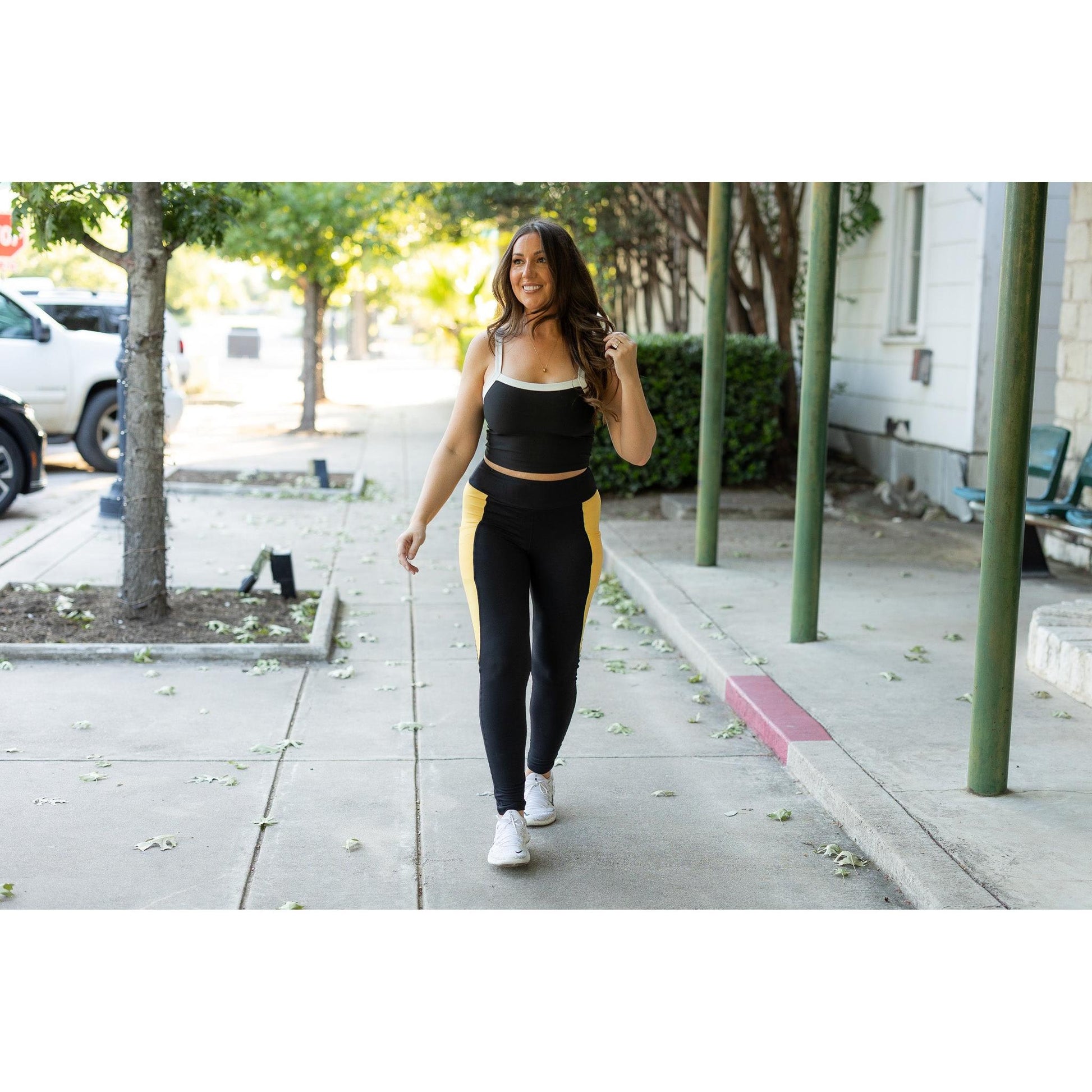 Julia Rose Yasmine Yellow Panel Full Length Leggings women’s boutique leggings front view, Woman wearing Julia Rose Yasmine leggings with yellow panel detail
