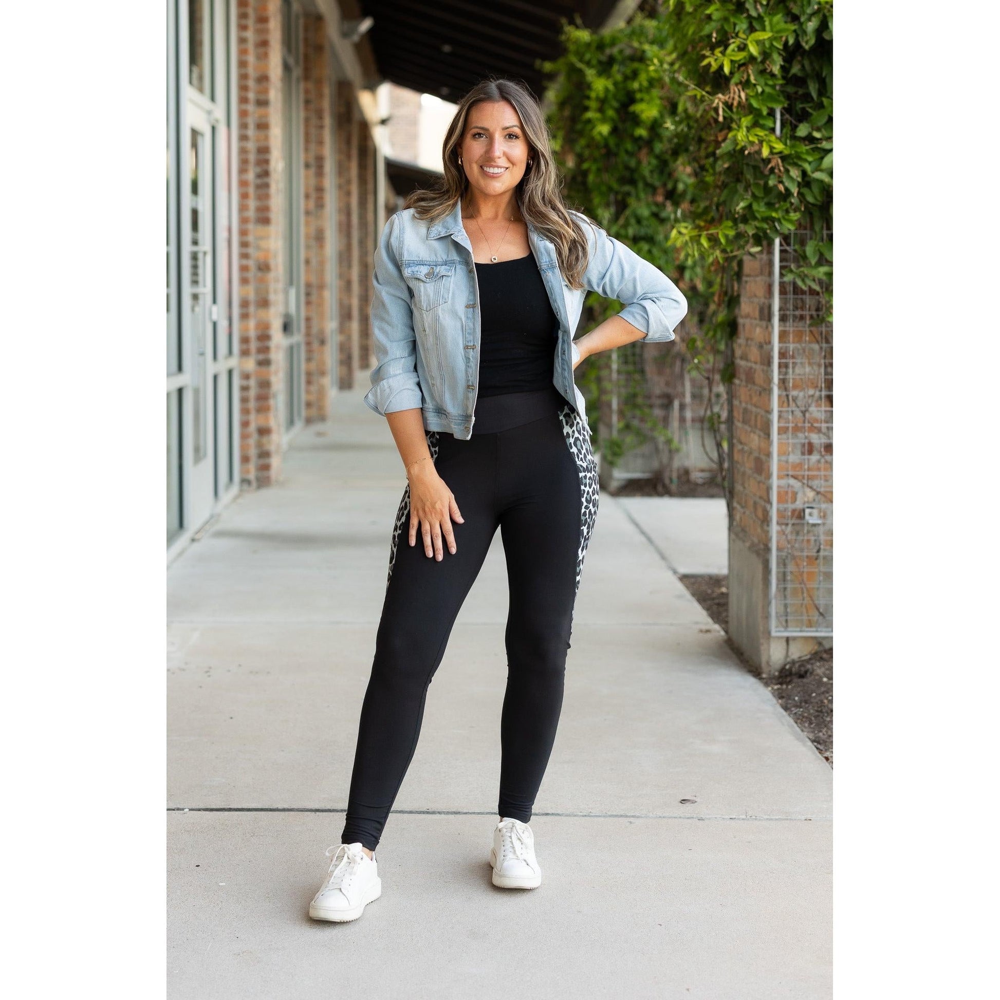 Snow leopard panel detail on  Buttery soft leopard panel leggings for women by Julia Rose