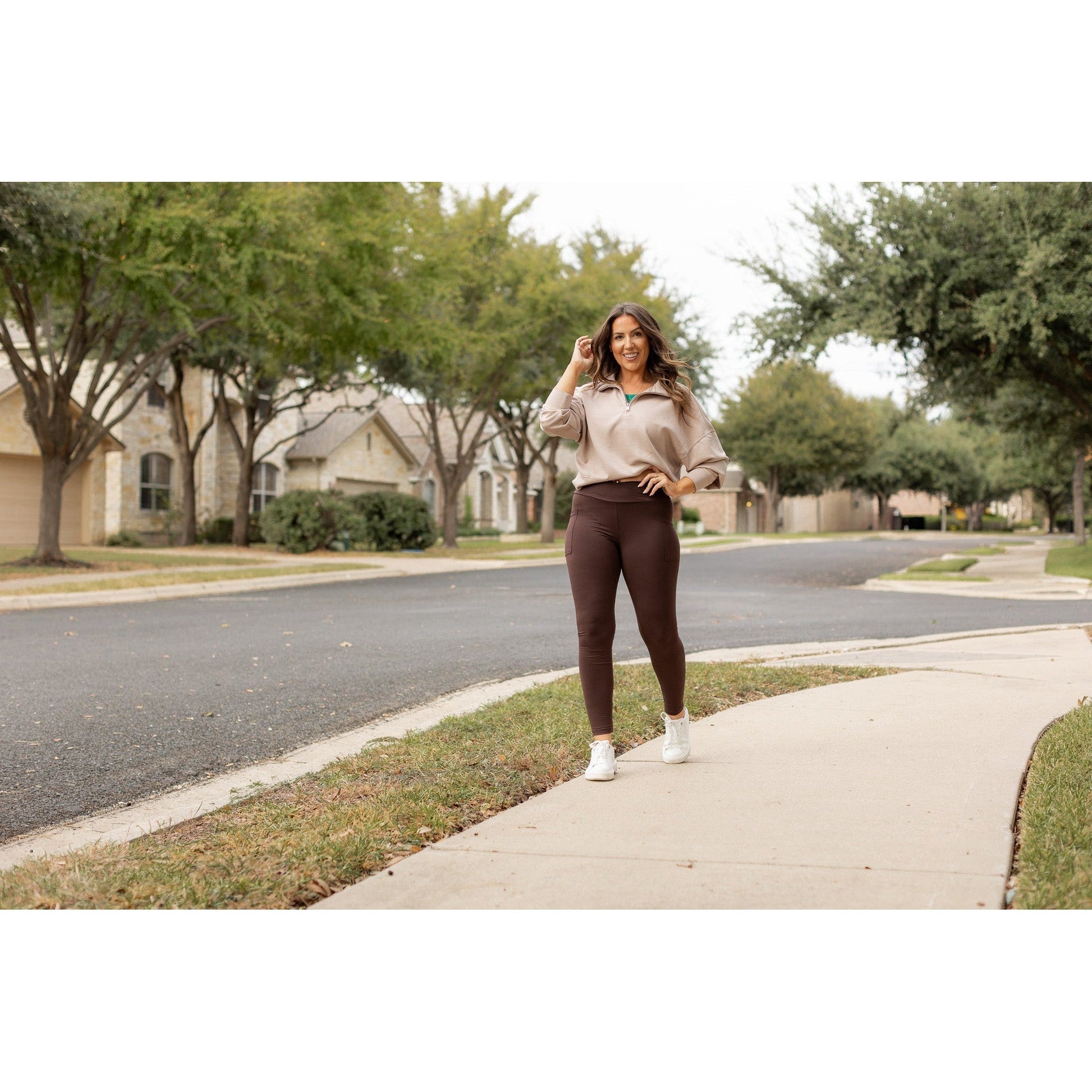 High waist brown crossover leggings for women. Buttery soft brown leggings with flattering waistband