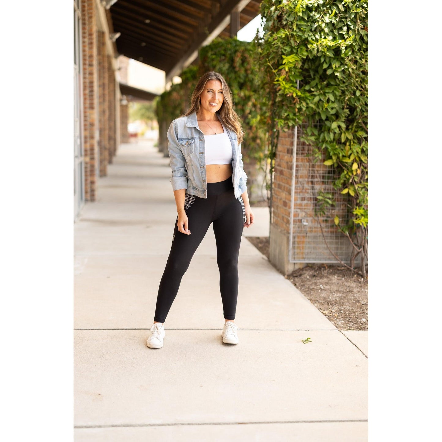 High waisted black leggings with plaid side panel