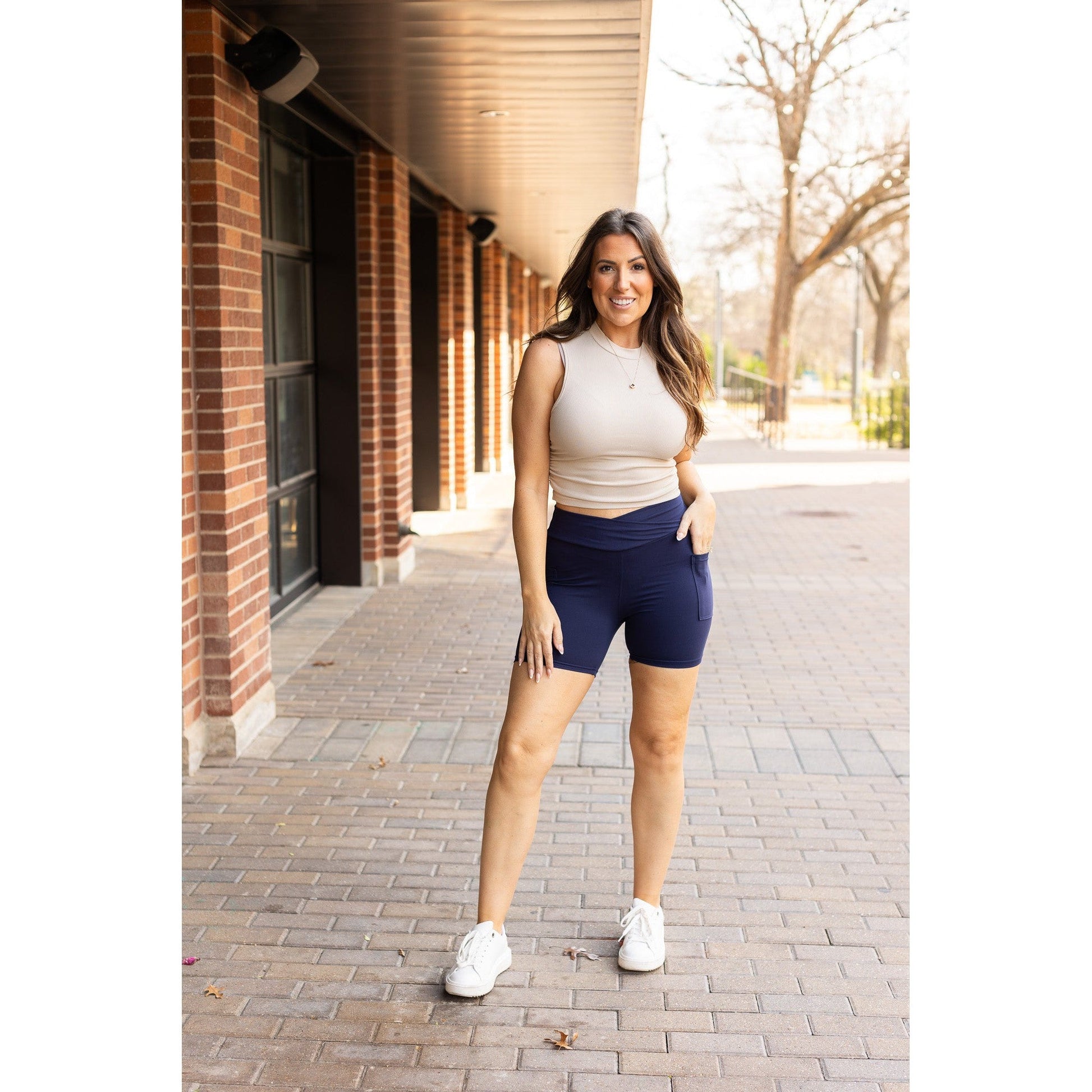 Julia Rose The Abby navy crossover 5-inch biker shorts high-waisted women’s shorts