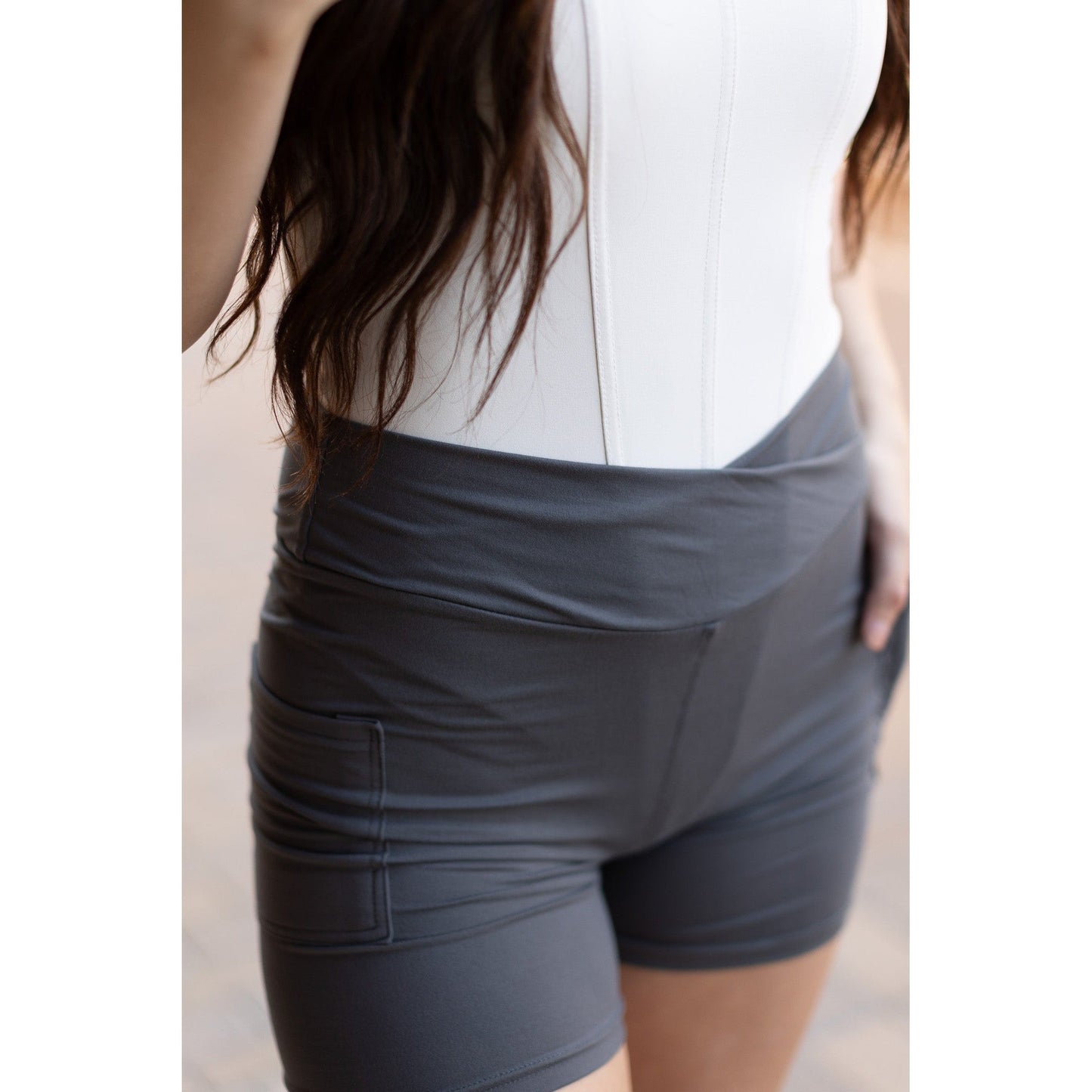 Julia Rose The Caleigh charcoal crossover 5-inch biker shorts high-waisted women’s shorts