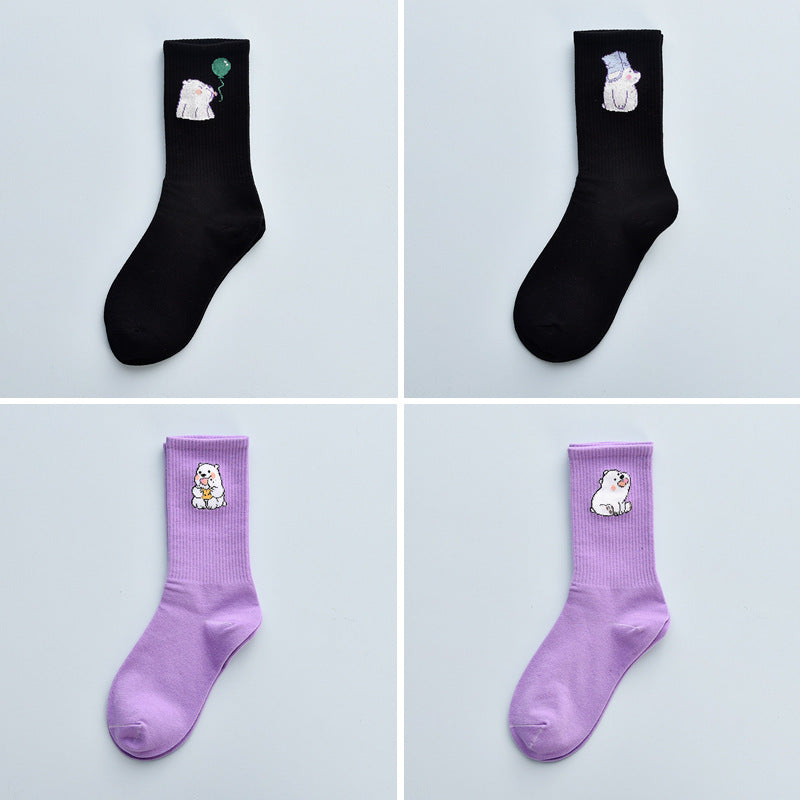 Spring And Summer Combed Out Of Pure Cotton Socks Mid Waist Fashion Bear Socks Cute Animal Socks Kawaii Cute Cartoon Purple College Socks For Men And Women