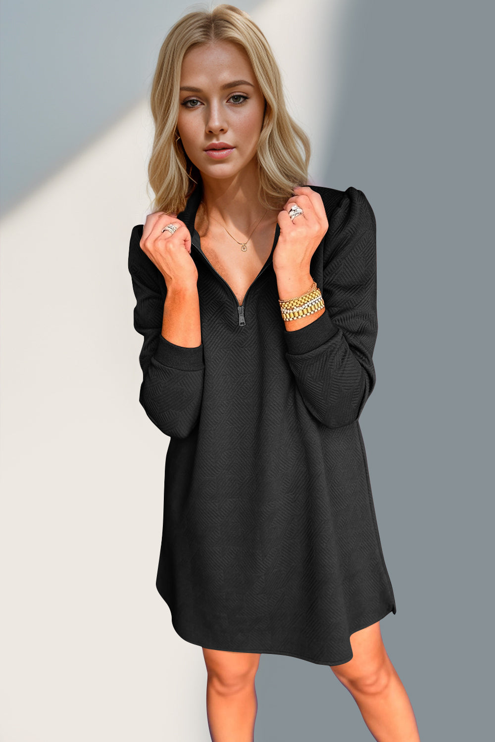 Double Take Textured Zip Long Sleeve Dress Classic Zip-Up Dress for Women Comfortable Outdoor Dress