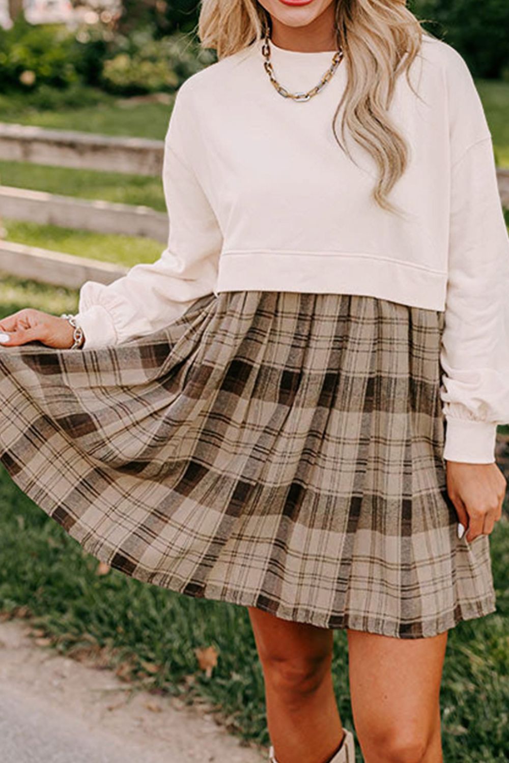 Vintage Plaid Round Neck Long Sleeve Mini Dress Cozy & Stylish Dress Retro Design Dress For Party