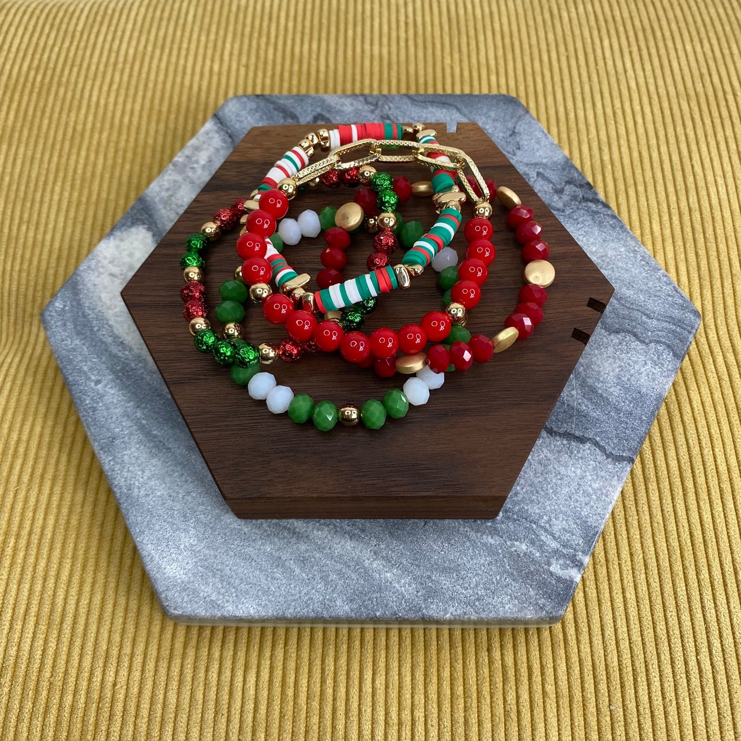 Bracelet Pack - Christmas Red and Green Clay, Bead, Gold Chain