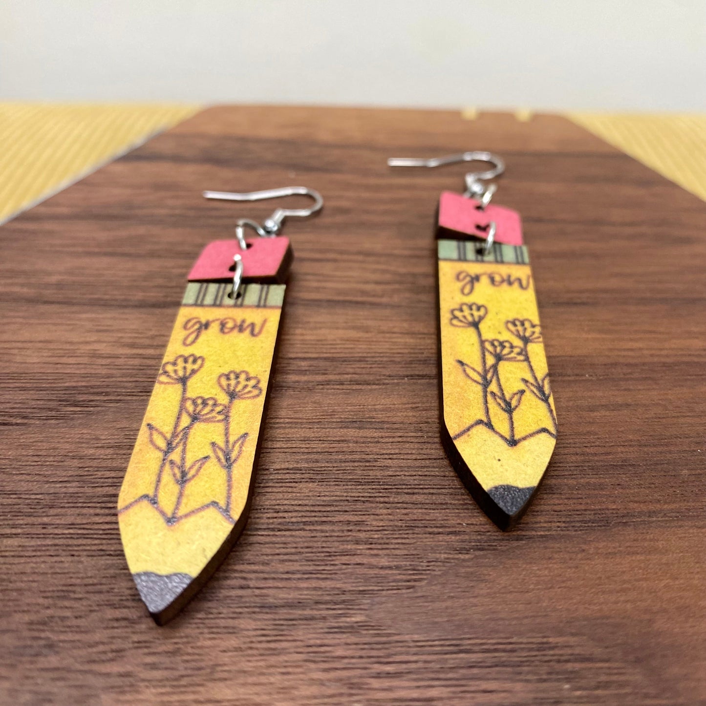 Wooden Dangle Earrings - Teacher - Pencil Grow