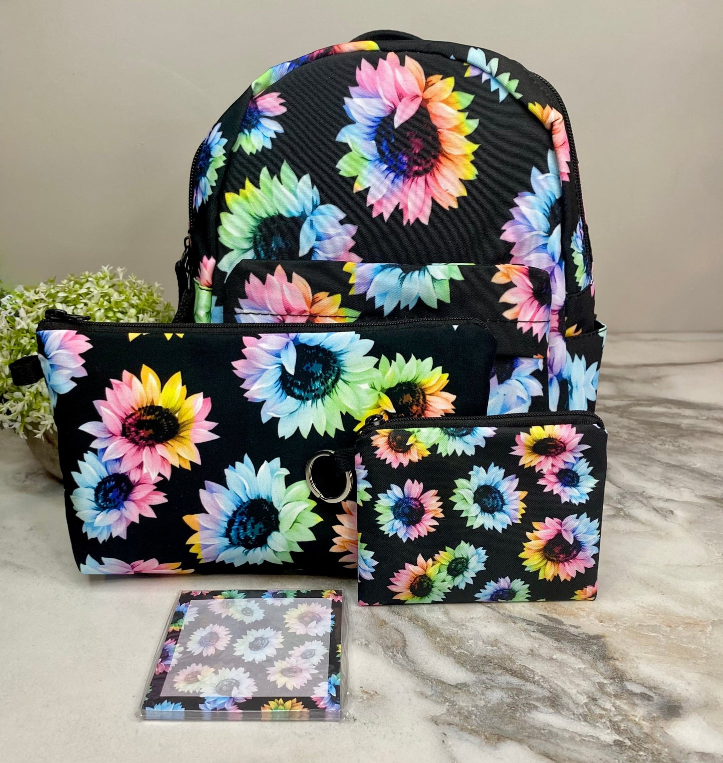 Mini Backpack, Pouch, & Mini Pouch Bundled Set - Rainbow Sunflower