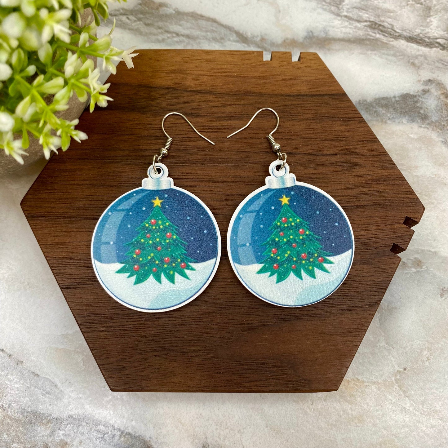 Wooden Dangle Earrings - Holiday Christmas - Tree Ornament