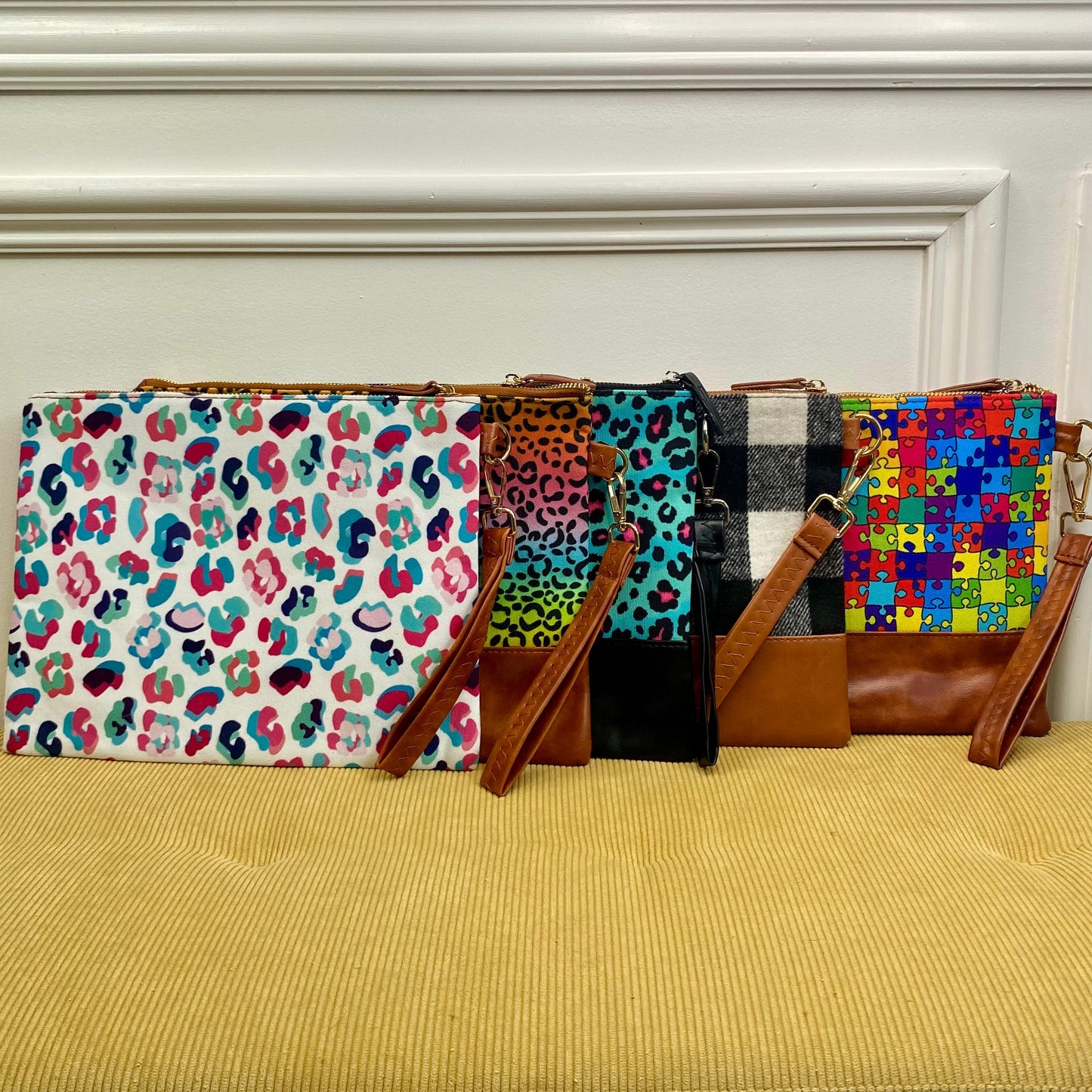 Clutch - Oversized Canvas & Faux Leather - Pink Blue White Leopard
