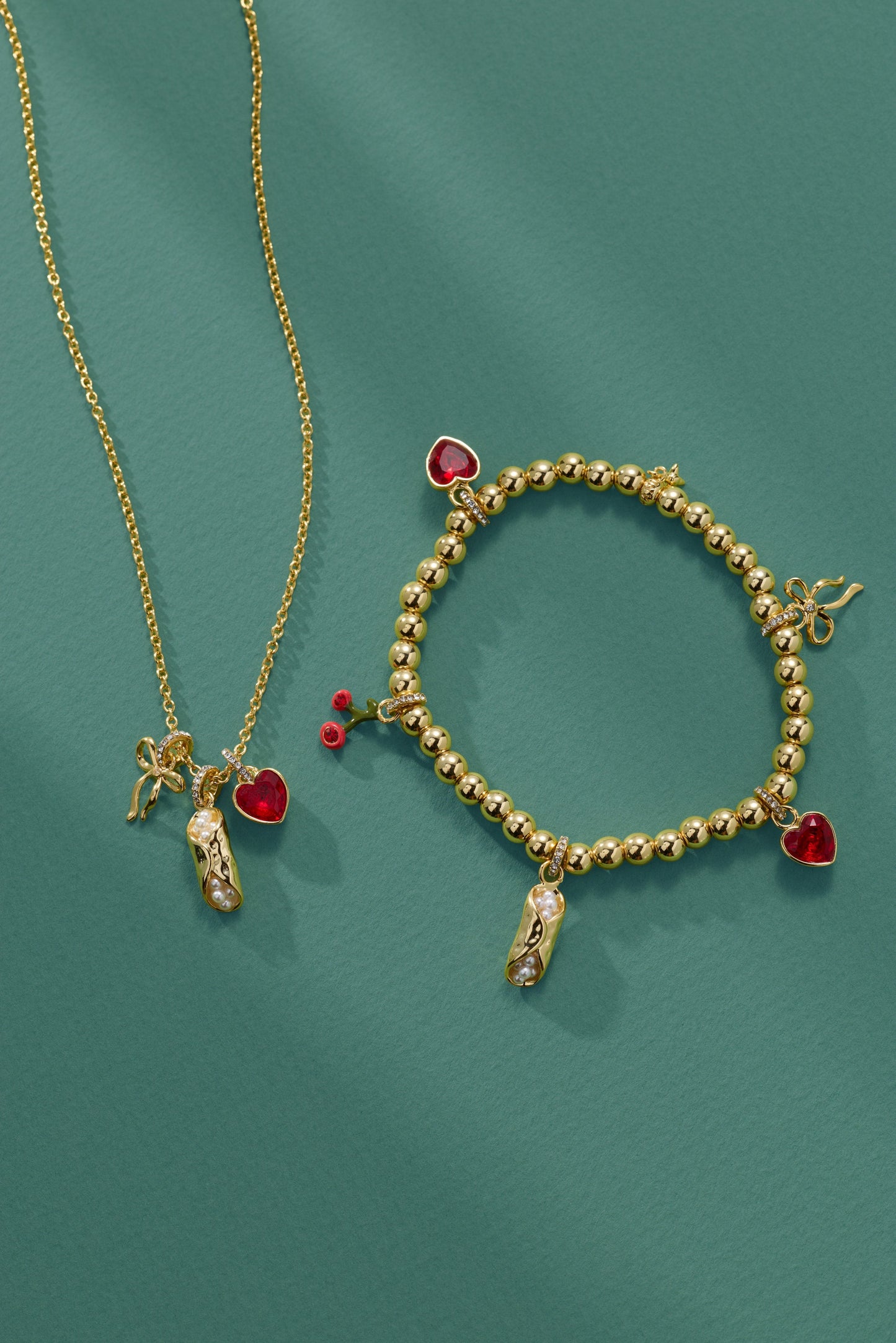 'There Cannoli Be You' Bow & Heart Beaded Charm Stretch Bracelet