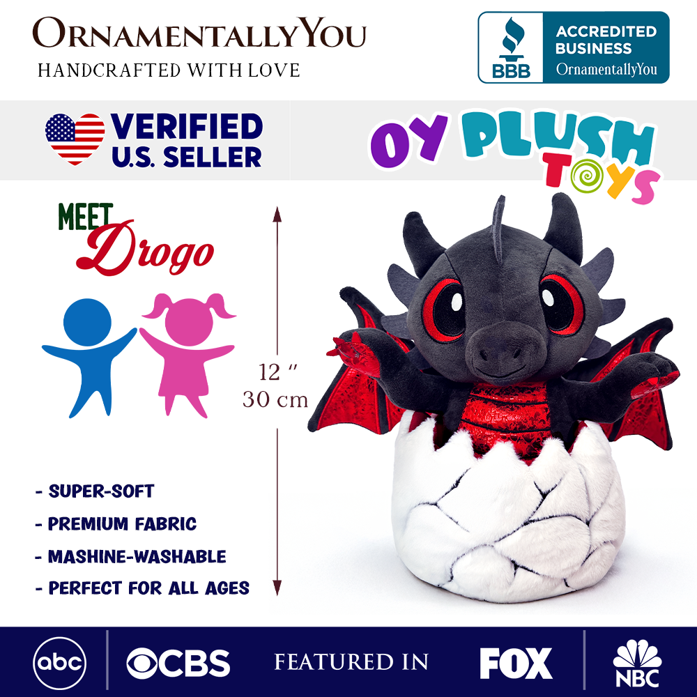 Drogo the Dino in an Egg Plushie, 12" Black and Red Dinosaur Stuffed Animal Gift for Boys and Teens