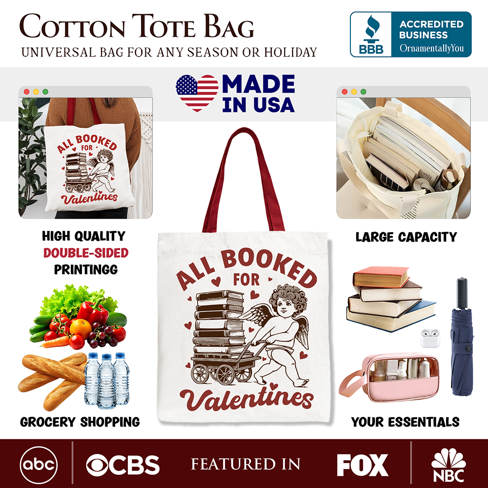 All Booked For Valentines Cupid Canvas Tote Bag, Vintage Funny Bookworm Gift