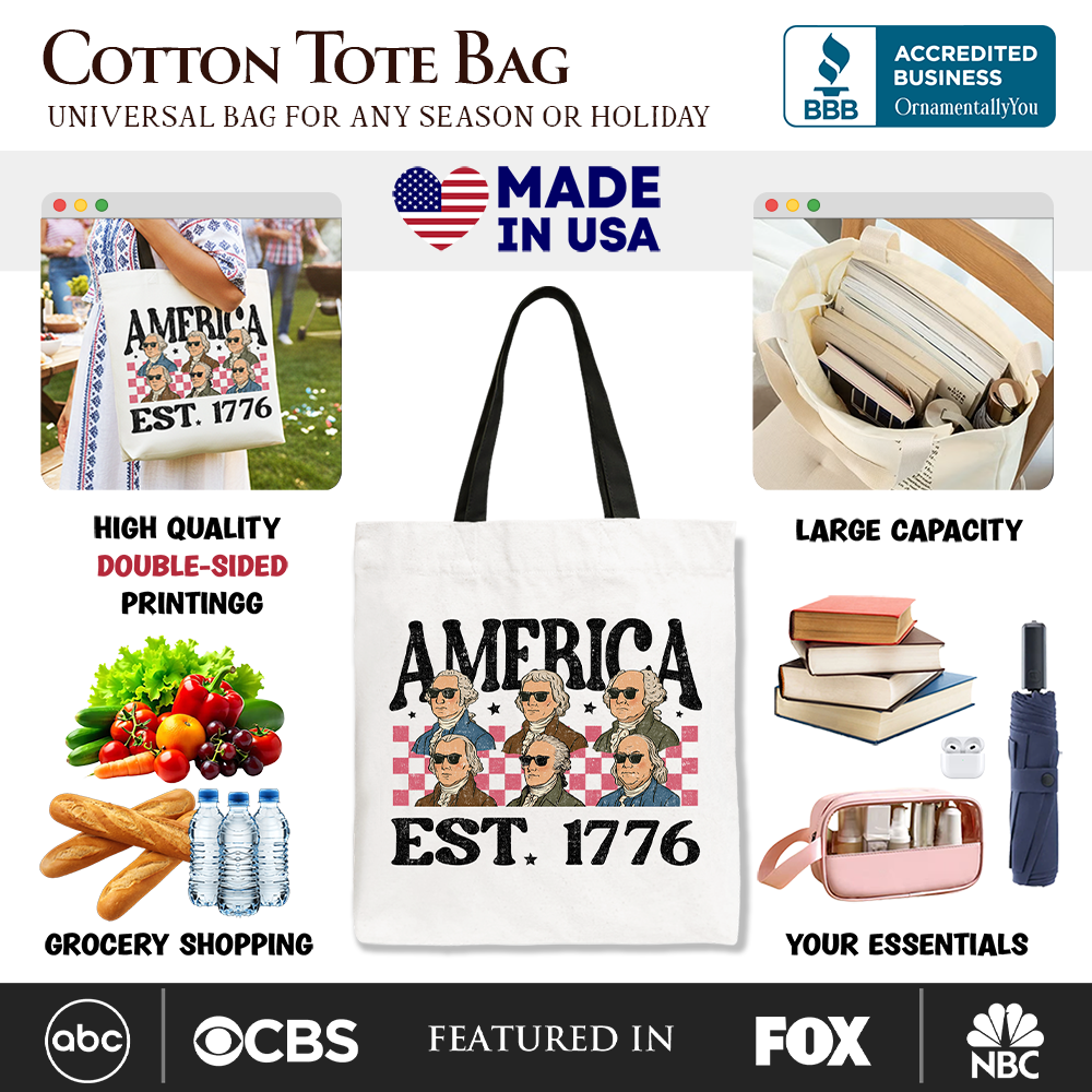 America Est 1776 Founding Fathers Vintage Canvas Tote Bag, Retro Patriotic Gift Shopper