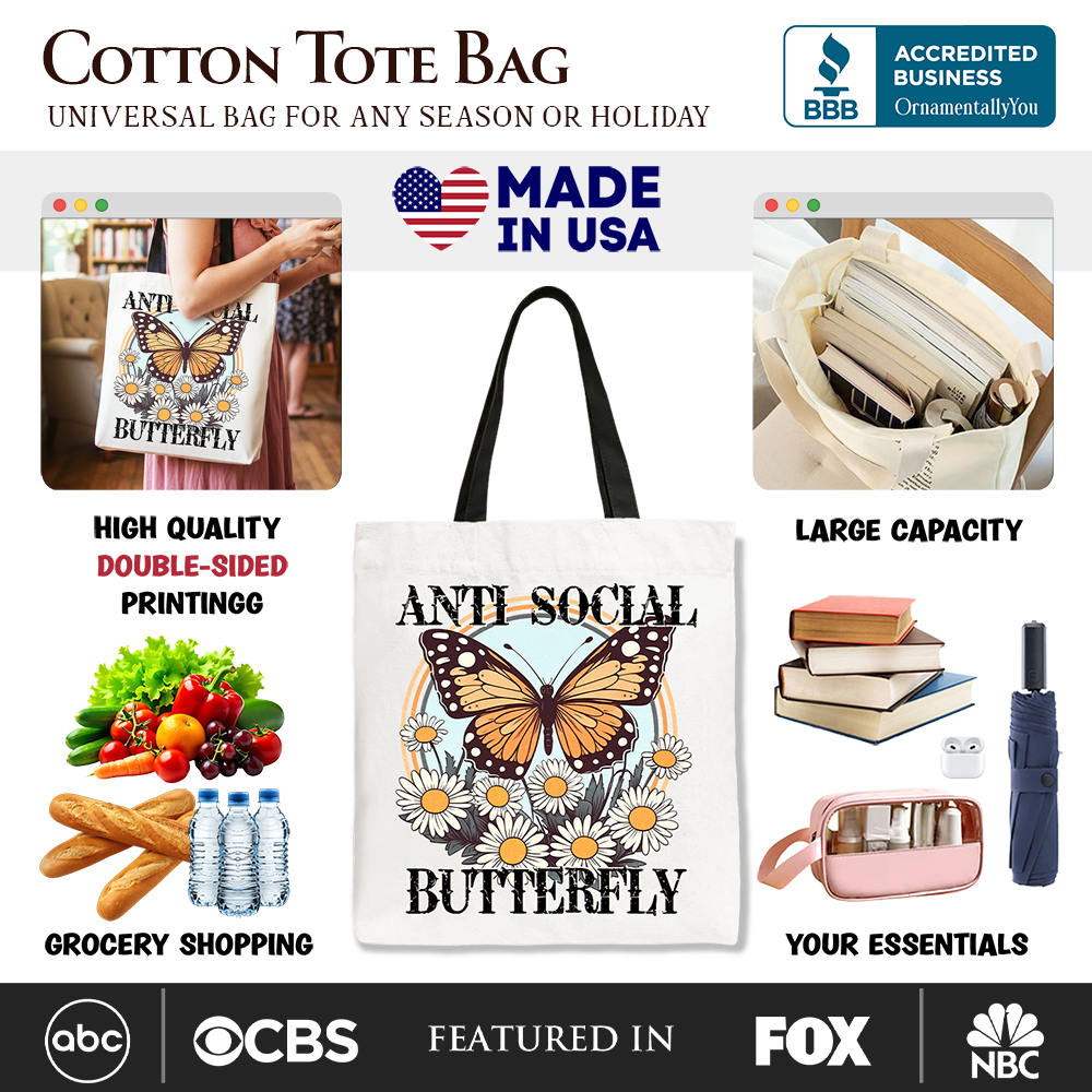 Anti Social Butterfly Canvas Tote Bag, Retro Gift Shopper for Quirky and Independent Women