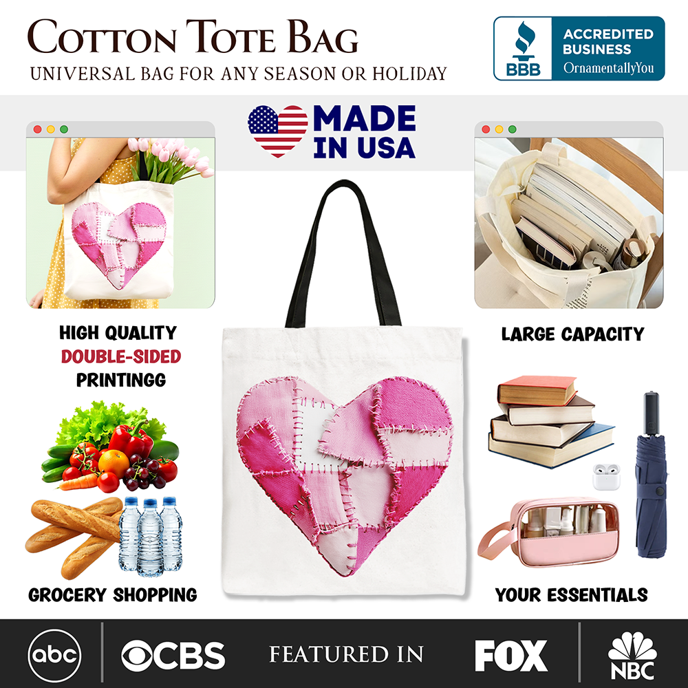Patchwork-Style Pink Heart Canvas Tote Bag, Vintage Valentine Coquette Love Printed Gift Bag