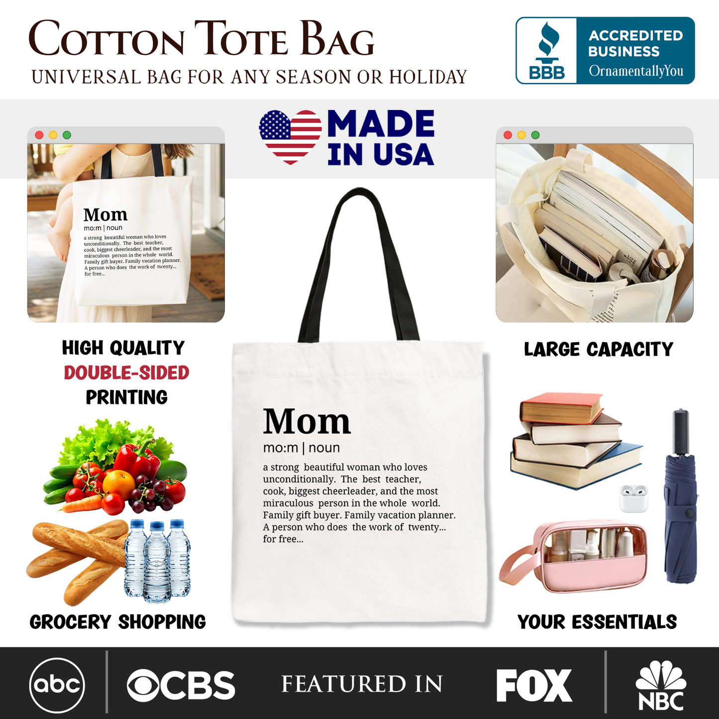 Personalized Mom Definition Canvas Tote Bag, Funny Mothers Day Gift Shopper
