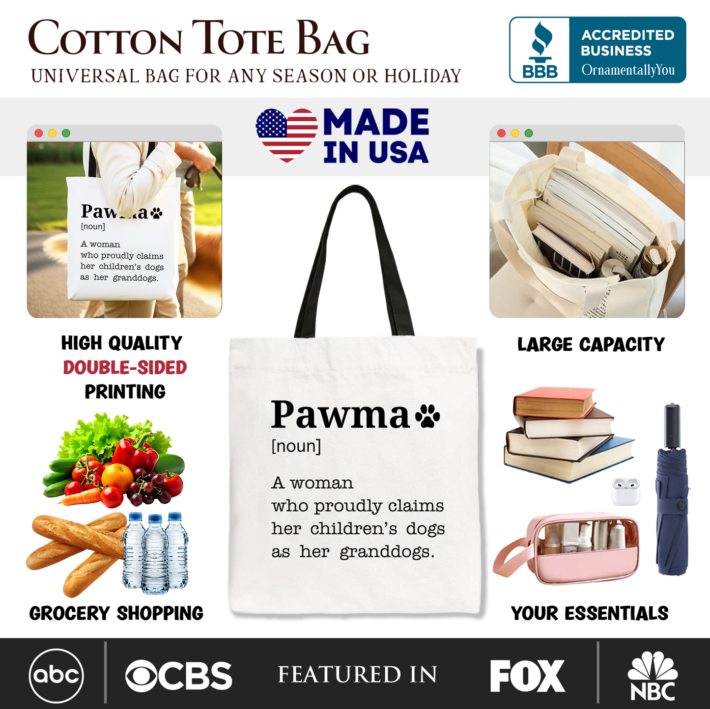 Personalized Pawma Definition Canvas Tote Bag, Funny Dog Lovers Mom Gift Shopper