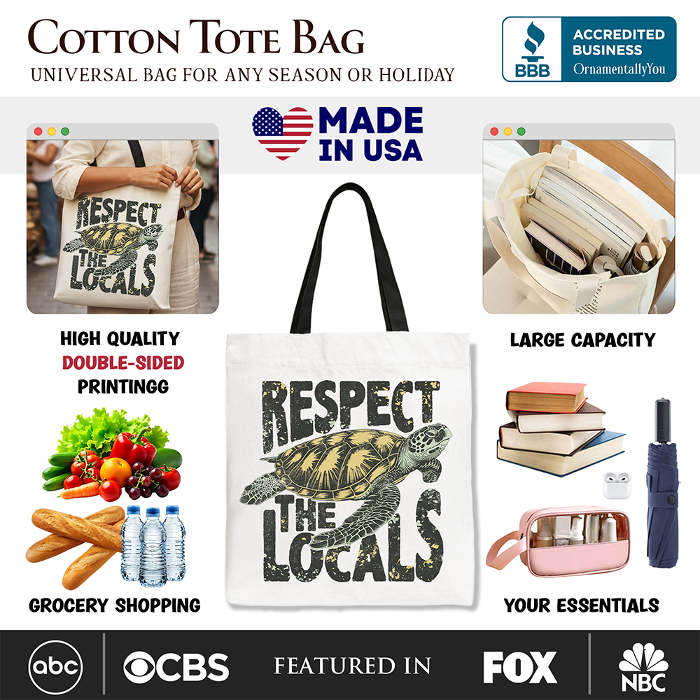 Respect the Locals Turtles Canvas Tote Bag, Retro Grunge Gift for Ocean and Beach Lovers
