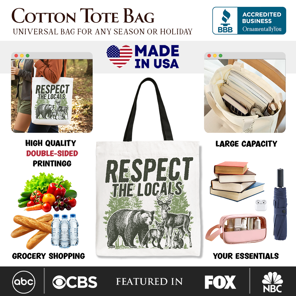 Respect the Locals Wild Animal Canvas Tote Bag, Vintage Camping Nature Gift Shopper