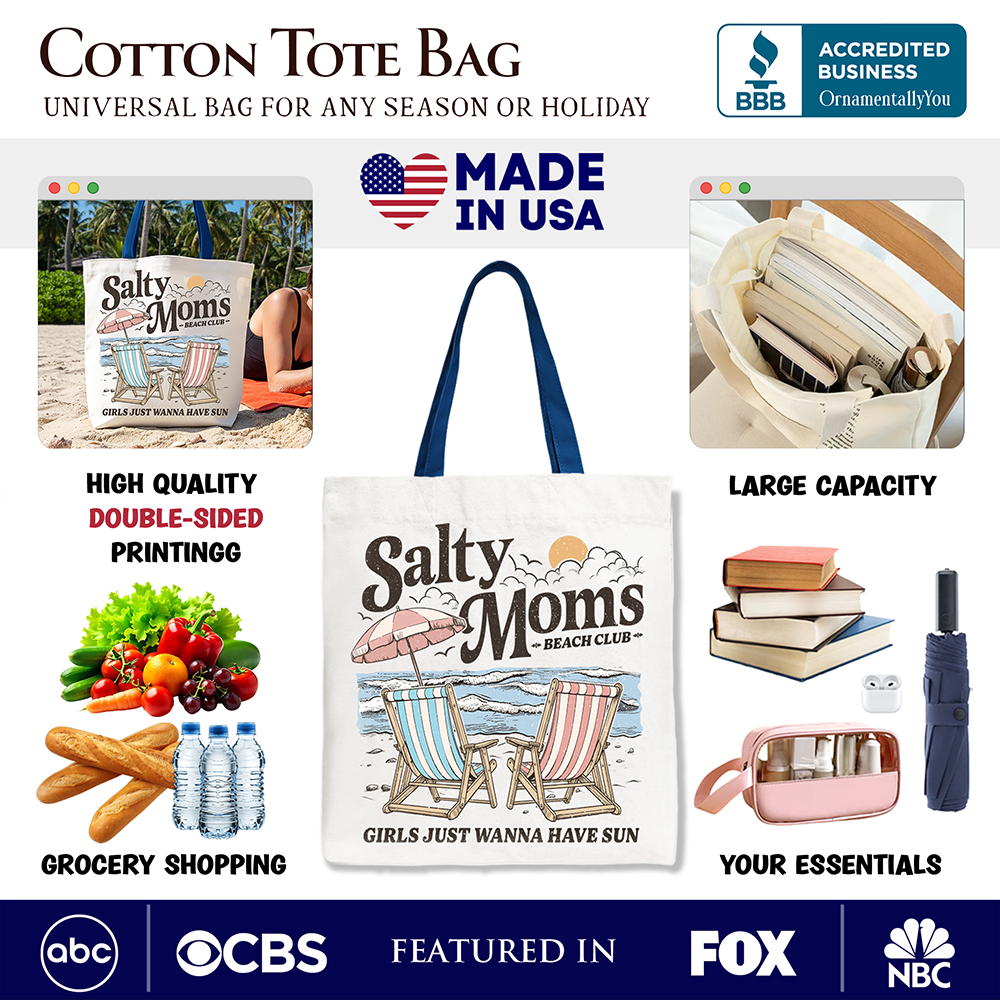 Salty Moms Beach Club Canvas Tote Bag, Retro Summer Gift for Ocean Loving Mothers