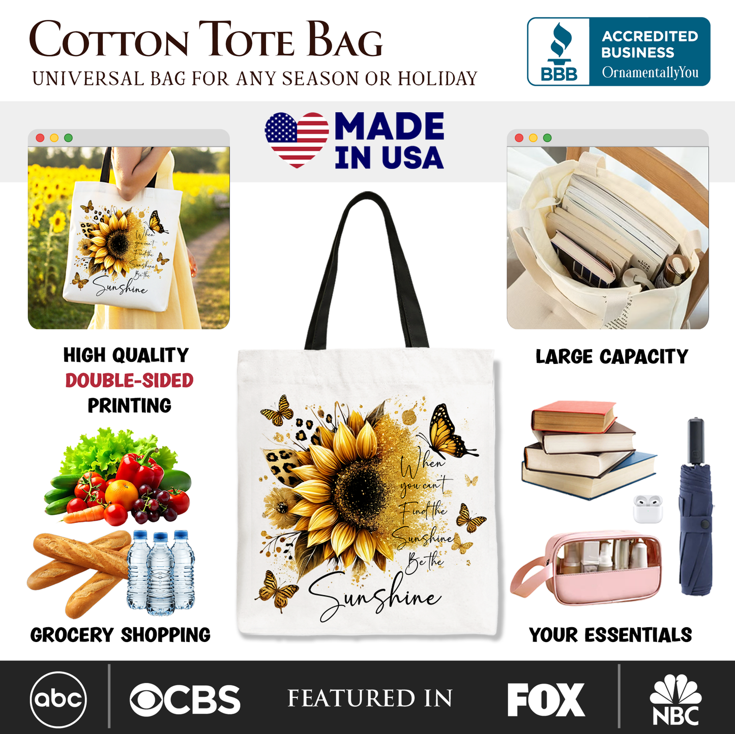 Sunflower Inspirational Quote Canvas Tote Bag, When You Can’t Find the Sunshine Be the Sunshine Gift Shopper