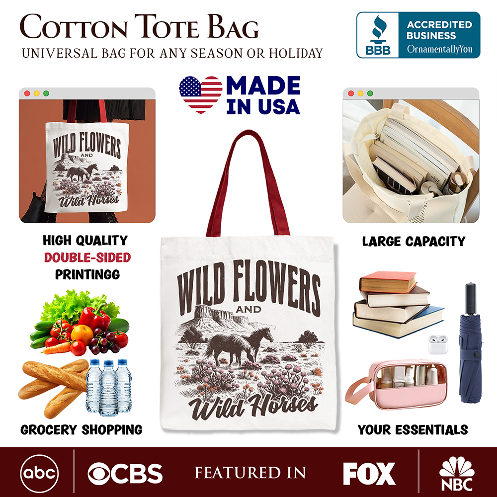 Wild Flowers and Wild Horses Canvas Tote Bag, Retro Western Gift for Free-Spirited Women