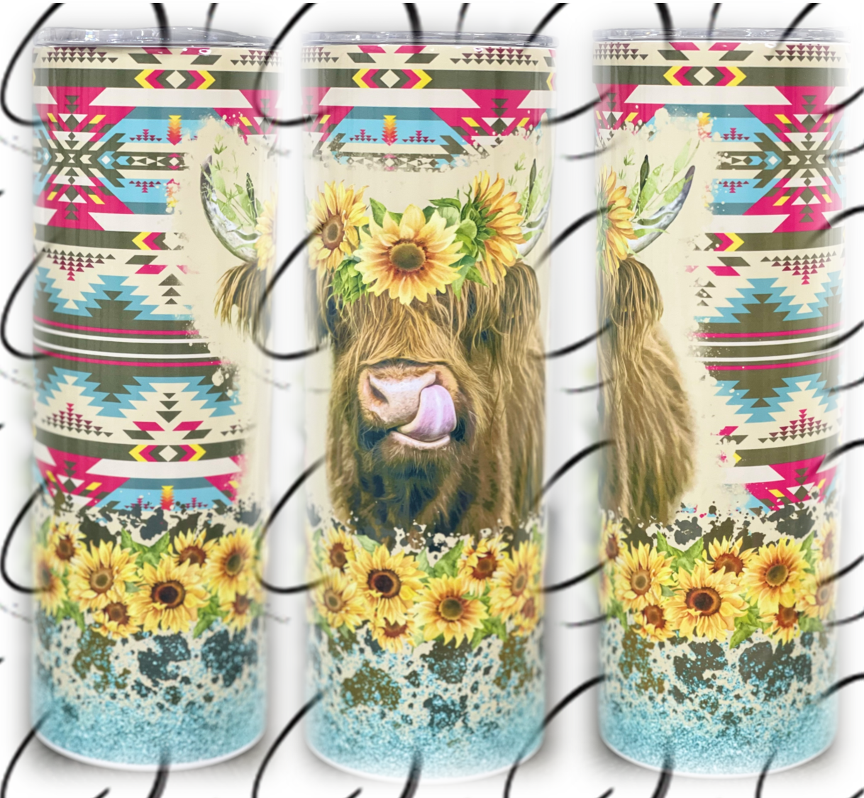 Aztec Sunflower Highland Cow 20oz Skinny Tumbler