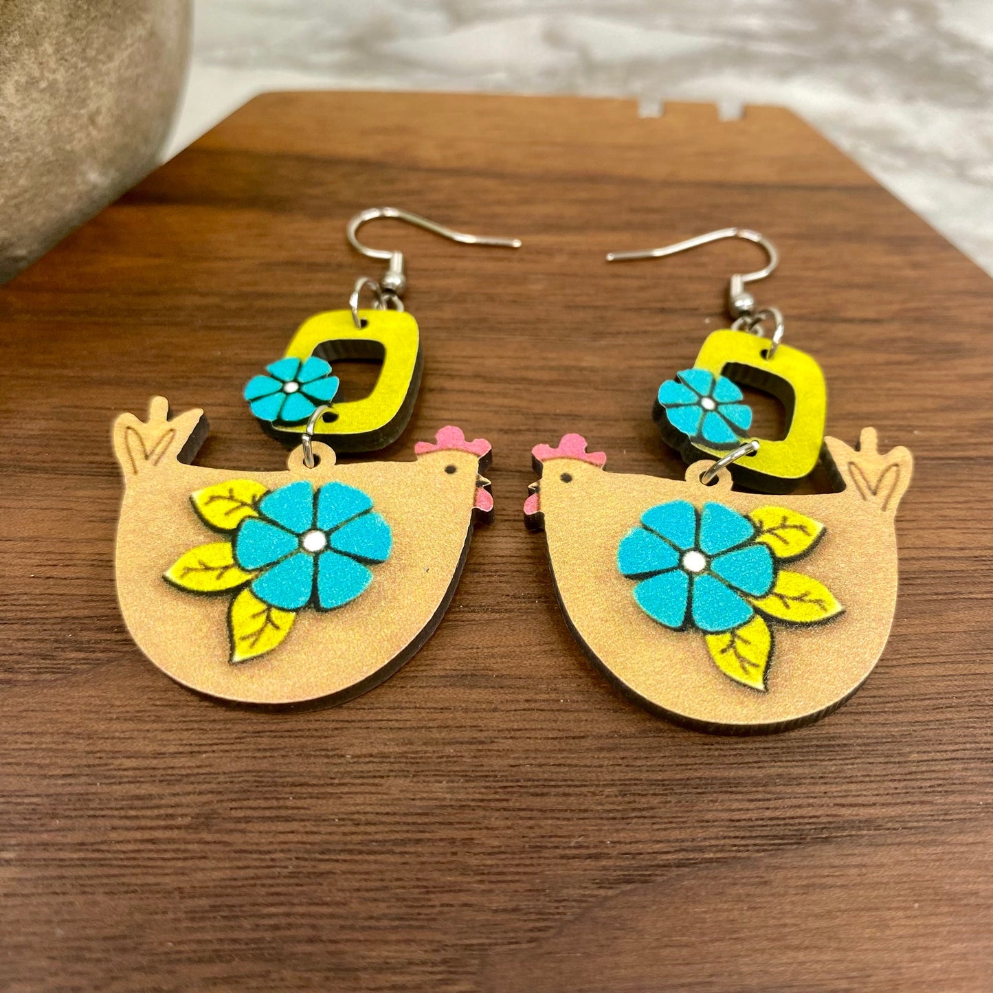 Wooden Dangle Earrings - Chicken - #6