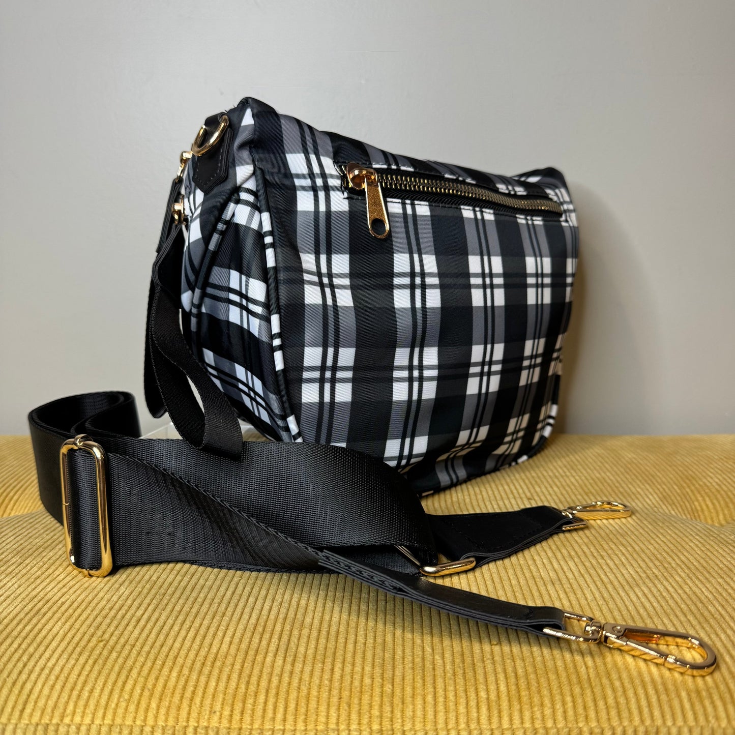 The Roni Nylon Crossbody - Black & White Plaid