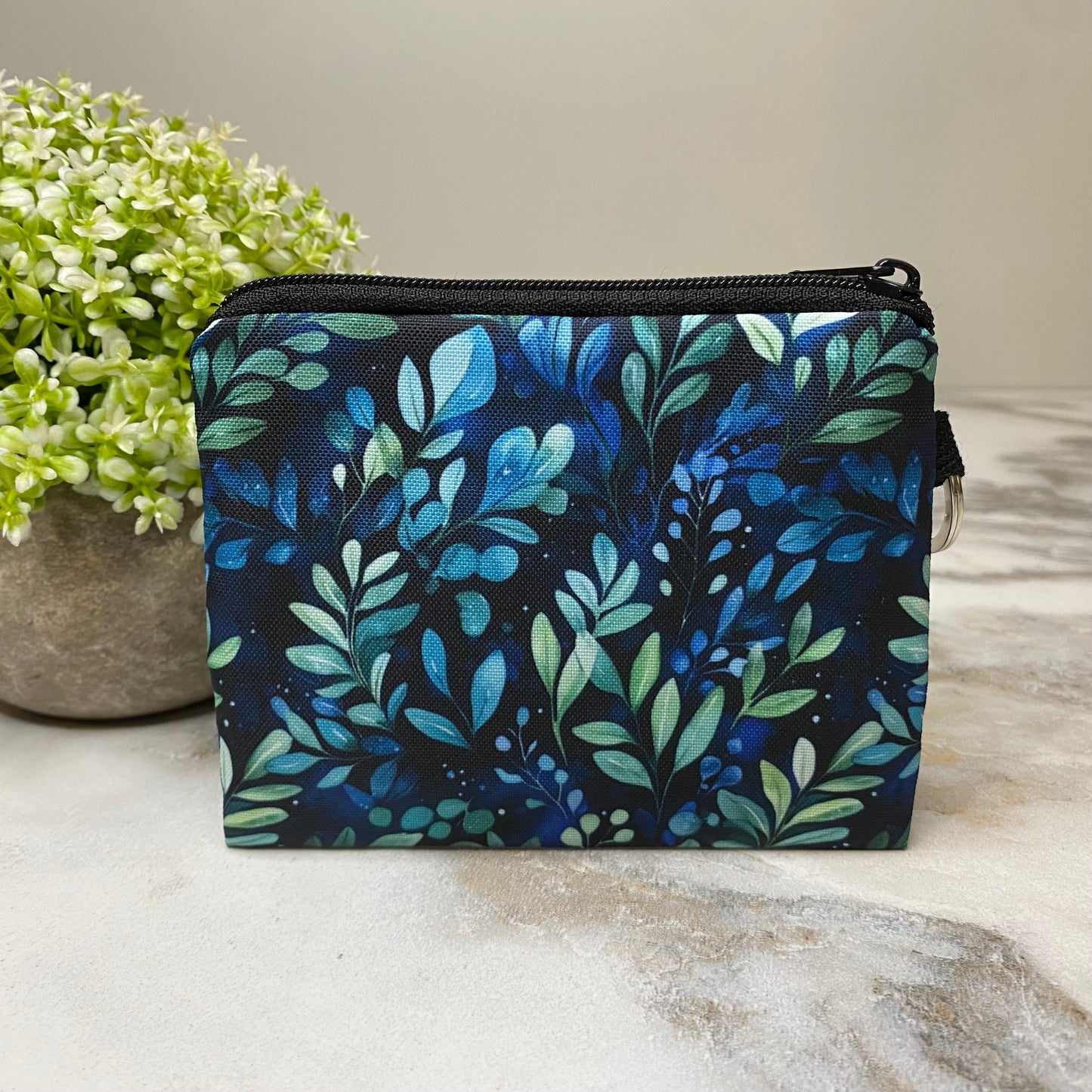 Mini Pouch - Navy Green Leaves