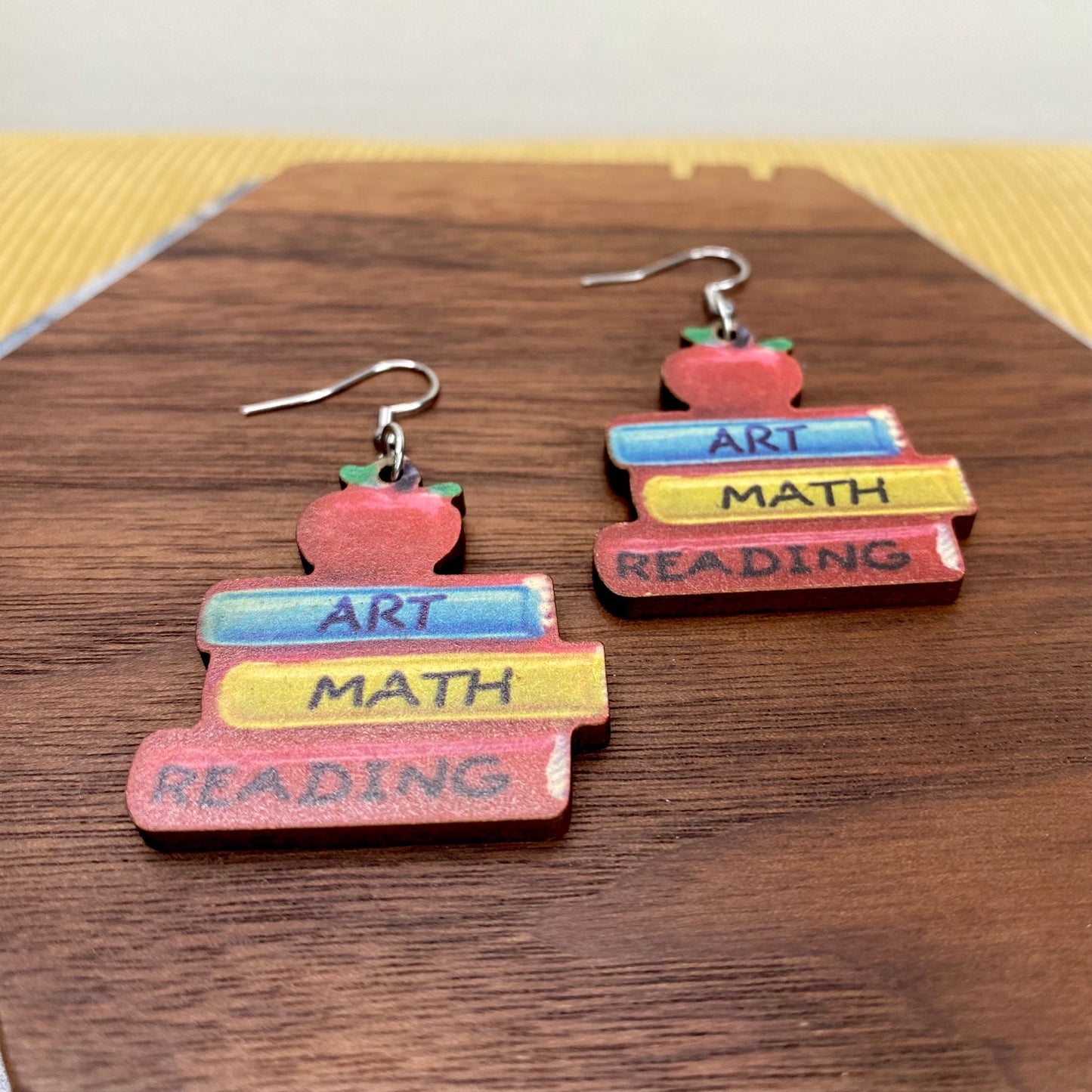 Wooden Dangle Earrings - Teacher - Art Math Reading Books