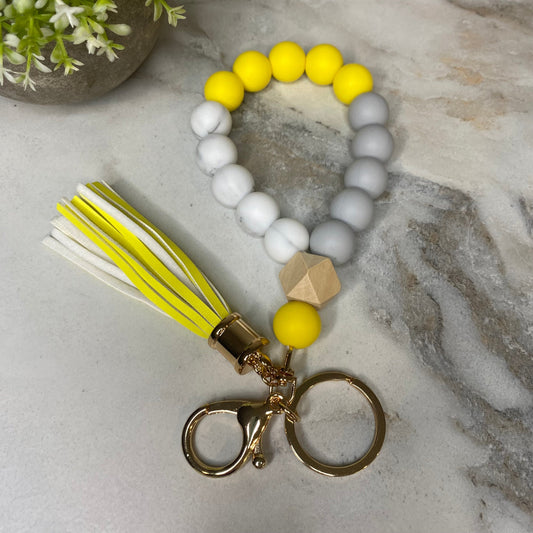 Silicone Bracelet Keychain with Wood Bead & Tassel - Yellow