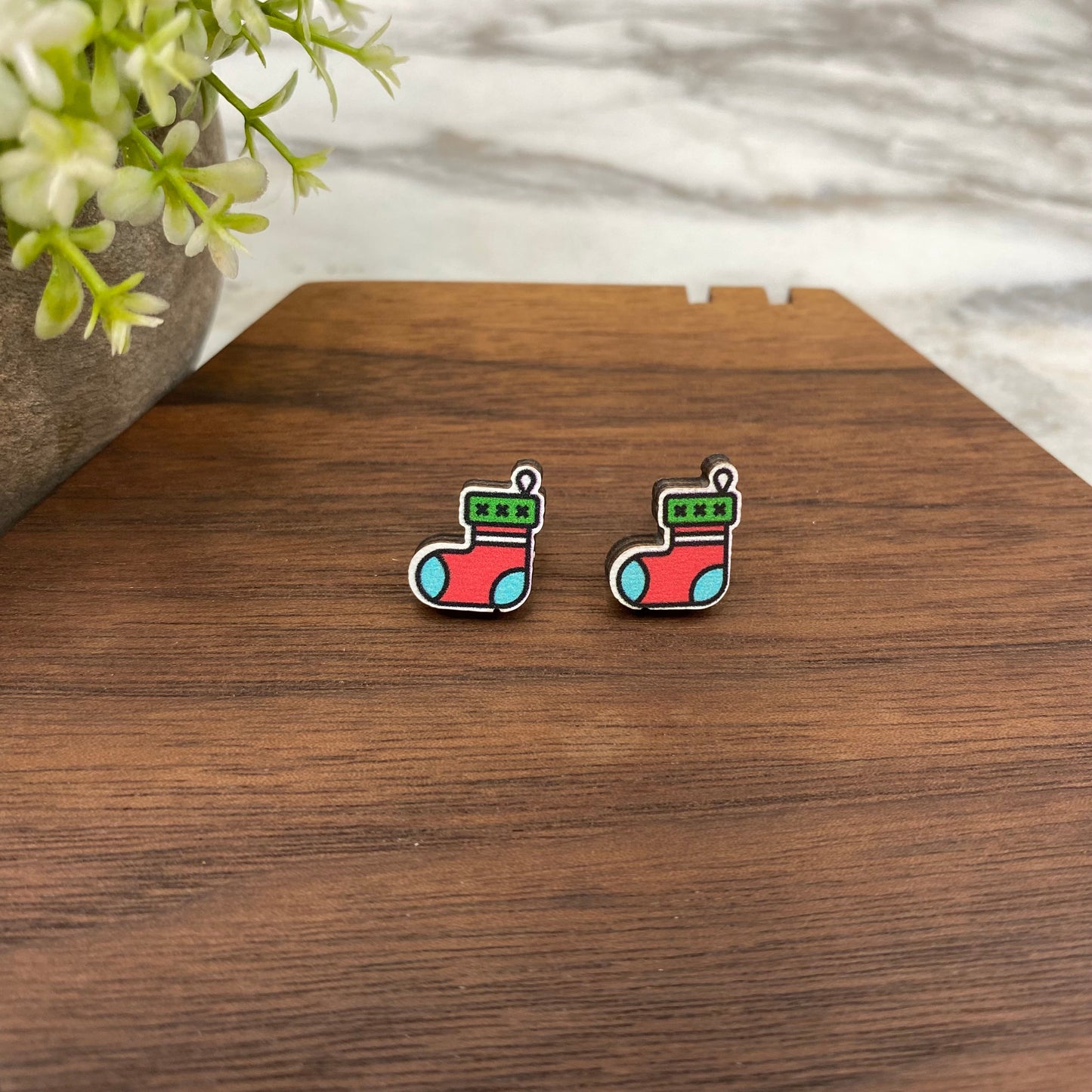 Wooden Stud Earrings - Christmas - Stocking