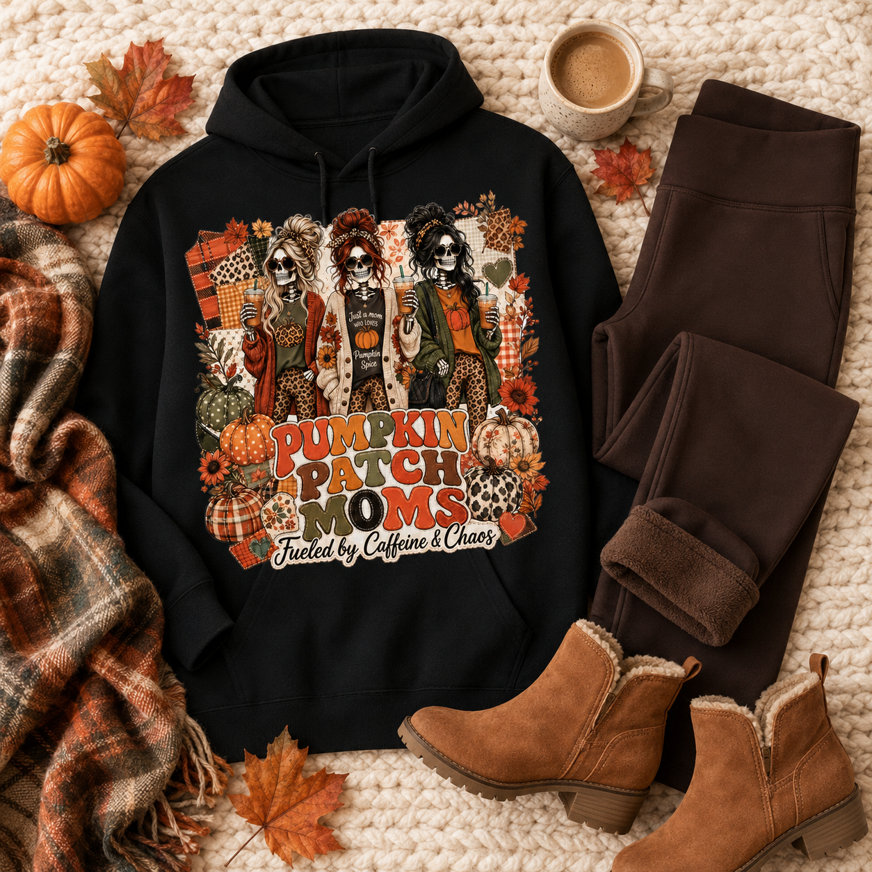 Black Pumpkin Patch Moms hoodie styled with brown fleece leggings, tan ankle boots, a plaid scarf, coffee, pumpkins, and autumn leaves.